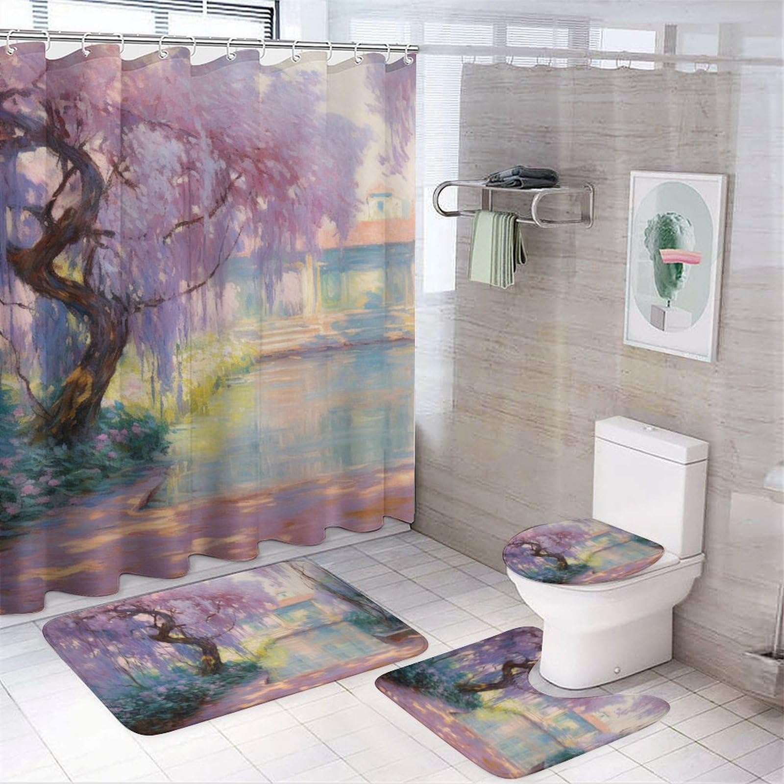 DEBAOKA 4PCS Beautiful Garden Bathroom Set with Rugs And Toilet Lid Cover Watercolor Tree Lavender Landscape Waterproof Shower Curtain Set for Bathroom Decor