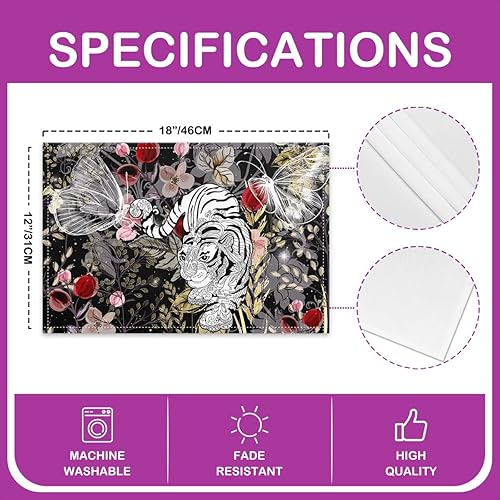 Miniatura 4 de Juego de 4 manteles individuales de tigre blanco, estilo rural, estilo retro, con plantas, florales, 12 x 18 pulgadas, para decoración de mesa de