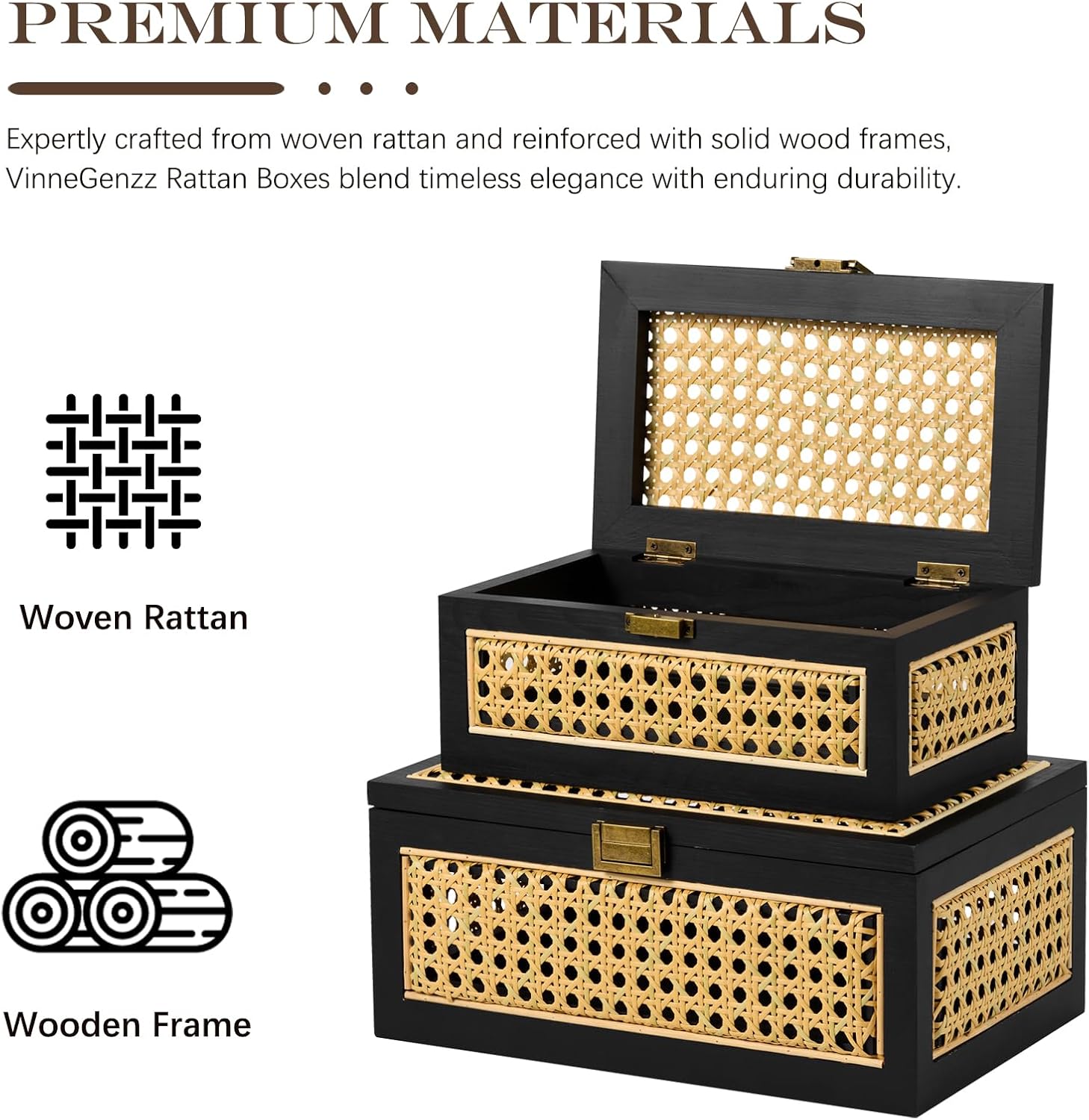 Rattan Storage Boxes Decorative Handmade Natural Wood Baskets with Lid Wooden Frame Boho Rustic Wicker Box Stacking Woven Cane Bins Shelf Closet Desk Organizer Container (Black, Small)