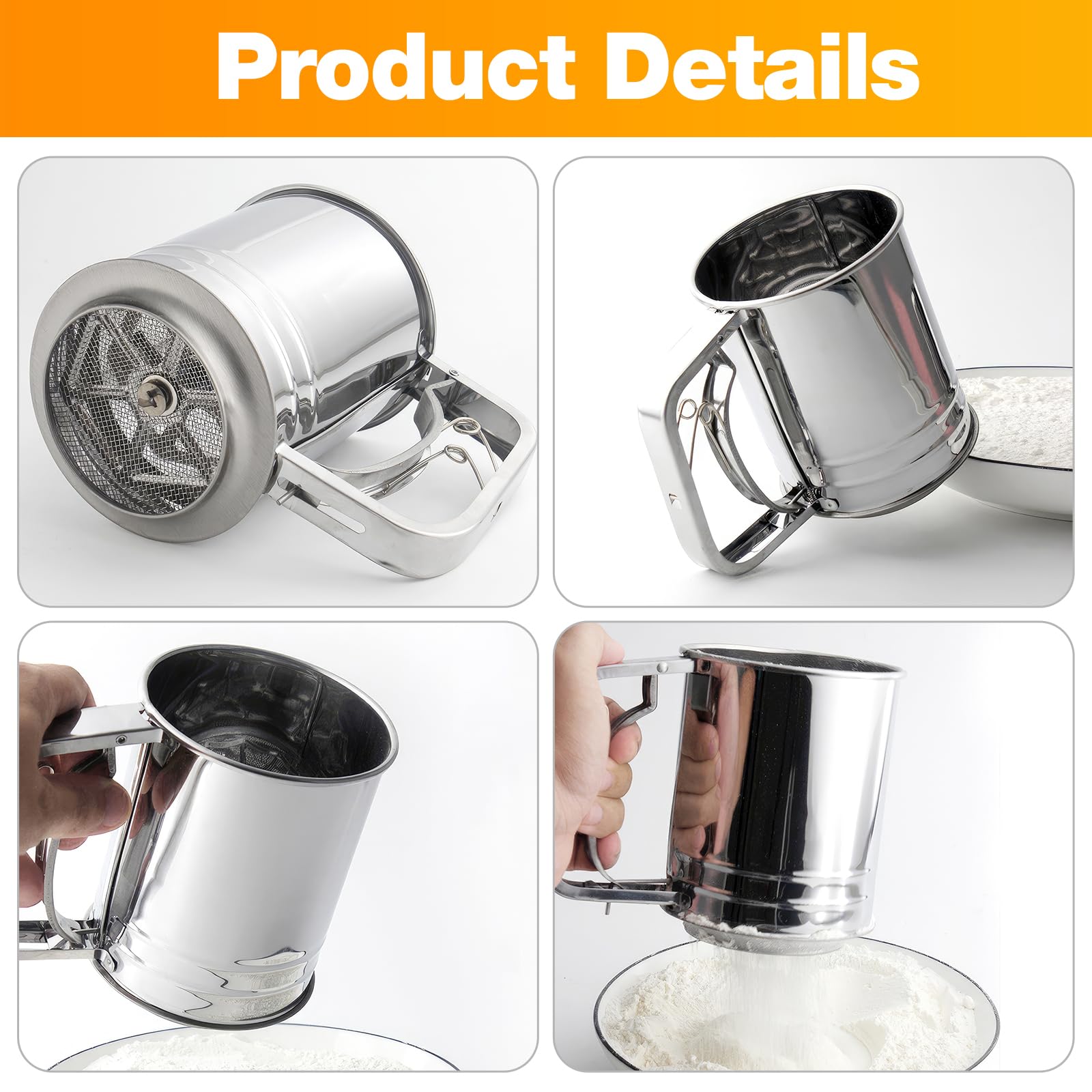 4 in 1 Mehlsieb Edelstahl, 5 Tassen Mehlsieb zum Backen, Sieb zum Backen mit Puderzucker Staubwedel Set, Mehlstreuer Staubwedel zum Backen von Kuchen, Torten, Gebäck, Desserts und Cupcakes