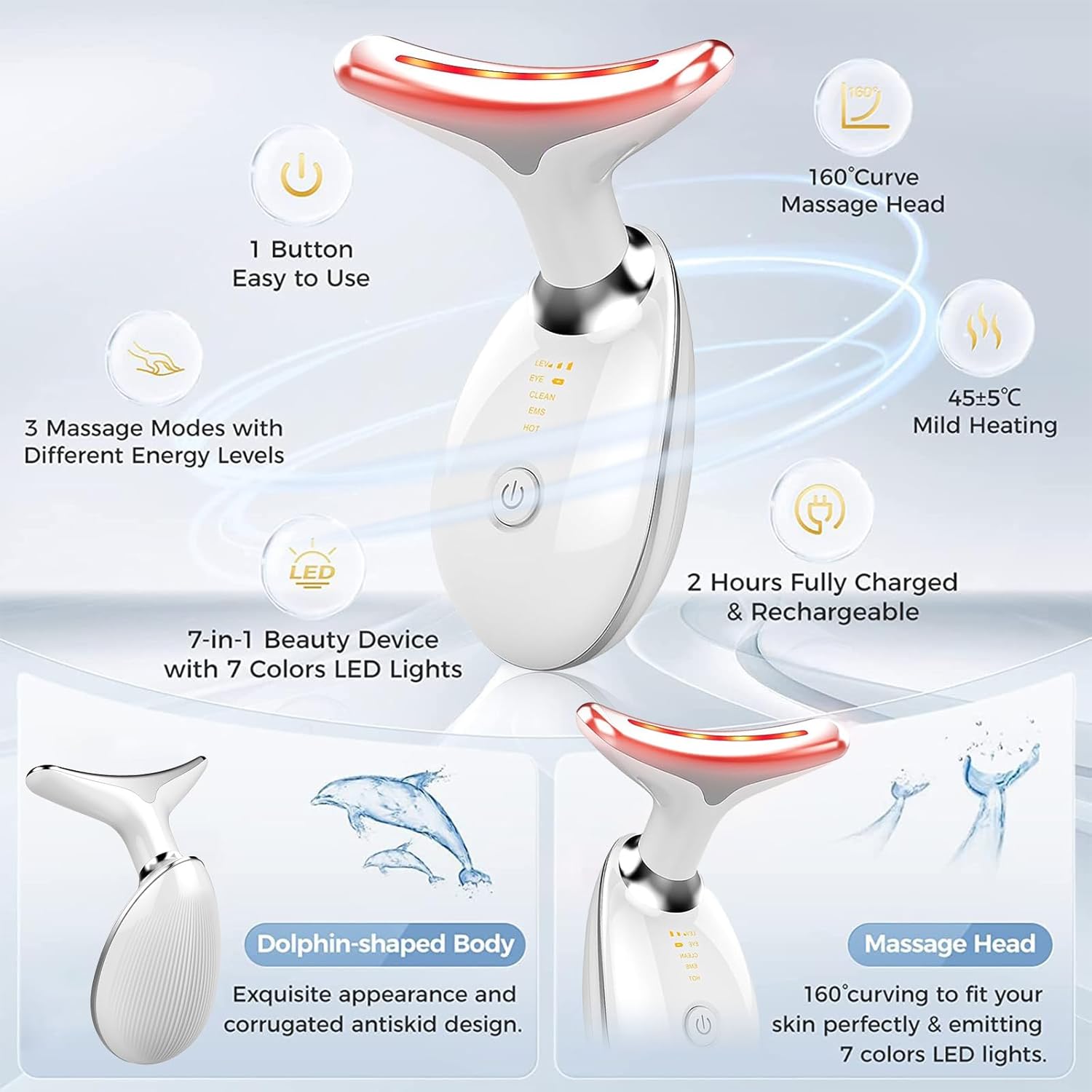 Device | 7-in-1 Red Light Therapy for Face and Neck - 7 Colors, Smart Vibration | Red Light Face Massager Tool - Effectively Remove Wrinkles, Lift Neck, Portable Skin Care Tool (White) - Image 3