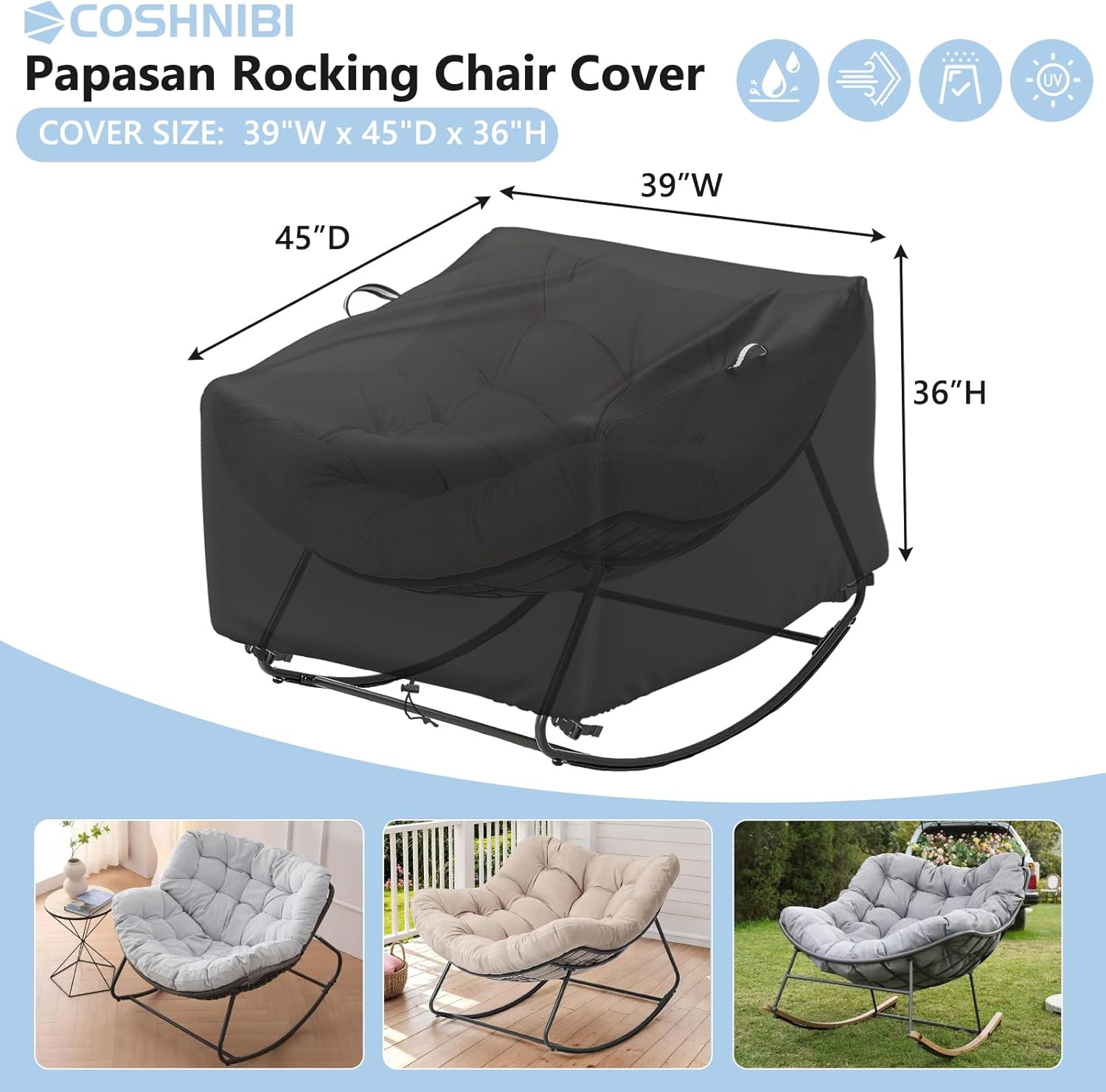 COSHNIBI Outdoor Papasan Rocking Chair Cover,Heavy Duty Waterproof Rocker Cover ,Fits for Rocking Chairs & Rattan Wicker Chairs-39"W x 45"D x 36"H