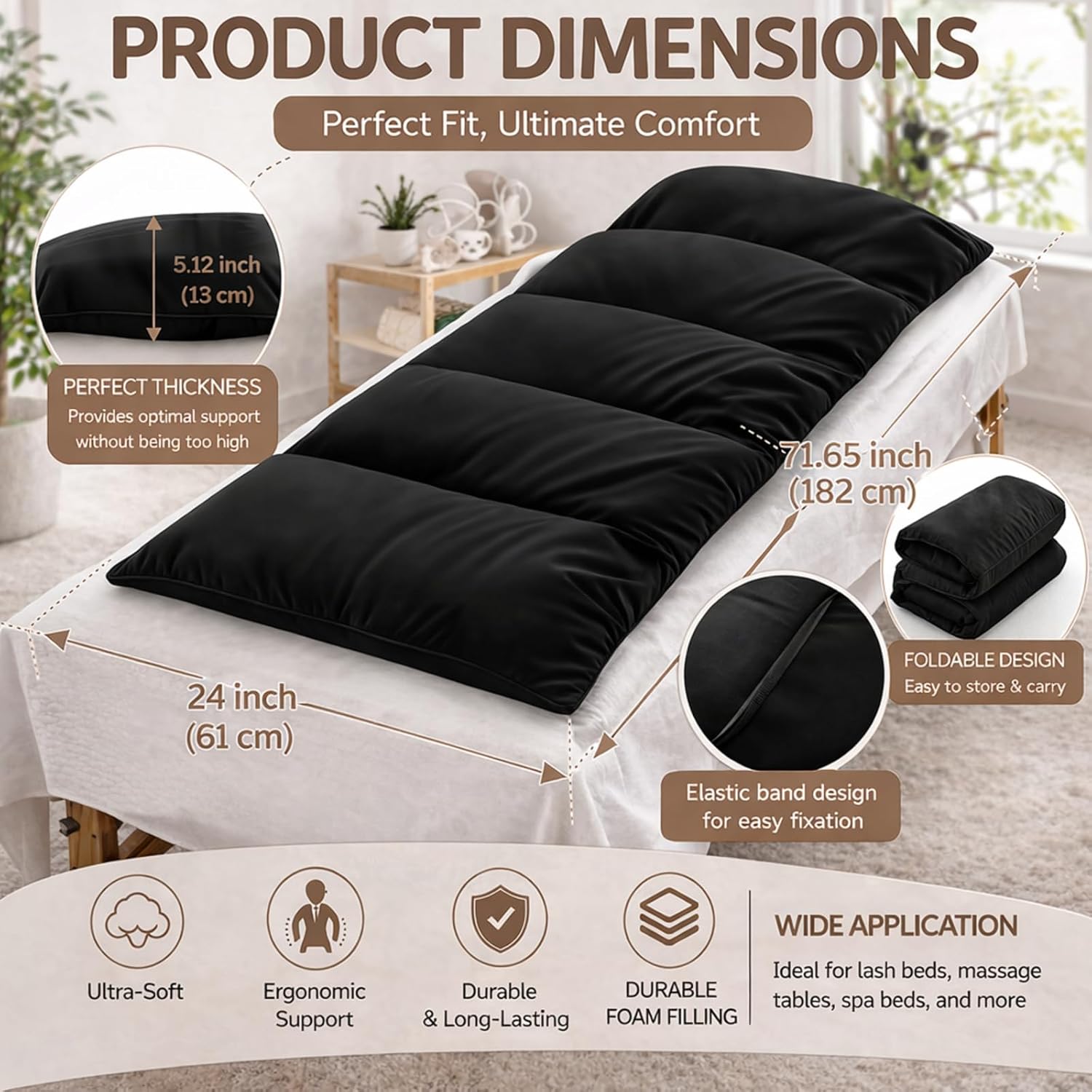 AceOrbit Lash Bed Cushion for Massage Table 72''x 24'' x 5'' Spa Bed Topper Foam Pillow for Table Soft Pad Lash Cushion Cover Foldable Soft Foam Black 5-Pillow Designs