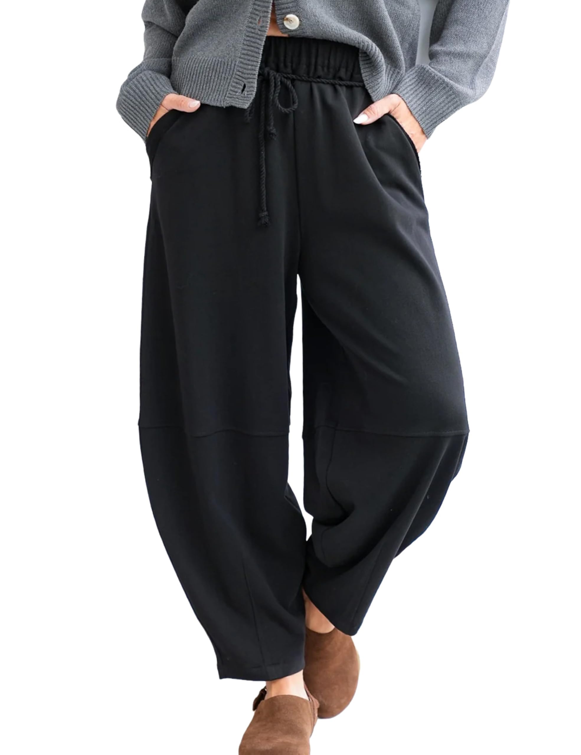 SeekMe Womens Barrel Leg Pants Drawstring Elastic Waist Palazzo Sweatpants Lounge Cotton Boho Trousers