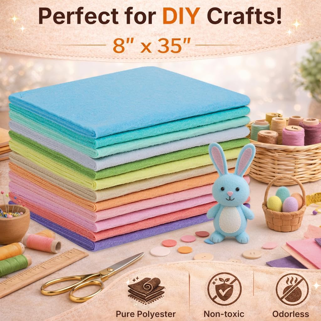 Large Stiff Felt Sheets 8"x35" – 12 Assorted Colors Felt Fabric Bundle Pack, 12 Rolls Pastel Tones Macaron Nonwoven Squares for DIY Kids Crafts, Sewing & Patchwork (Pastel)