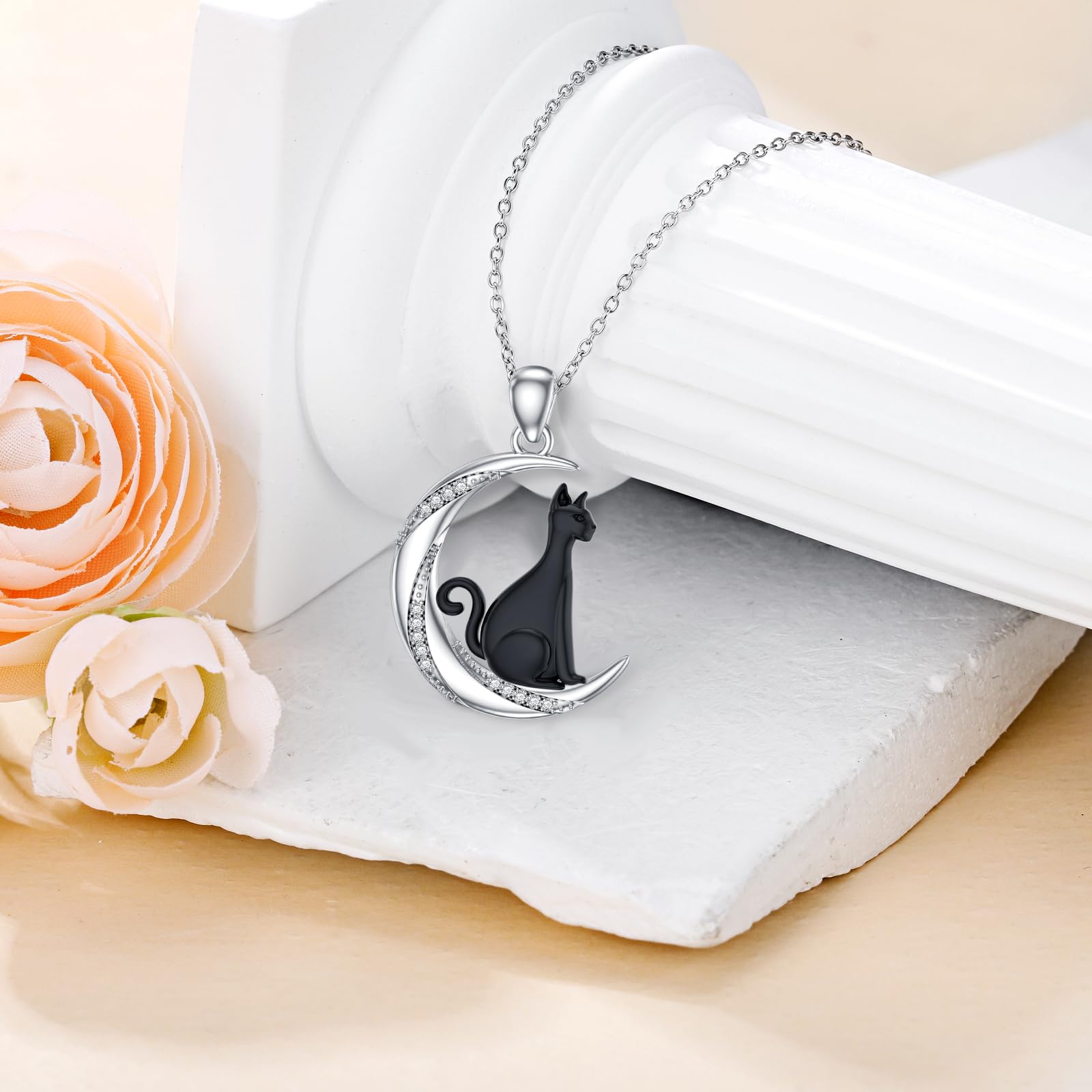 Sonouli Diamond Black Cat Moon Necklace Sterling Silver Black Cat Pendant Necklace Gift for Women