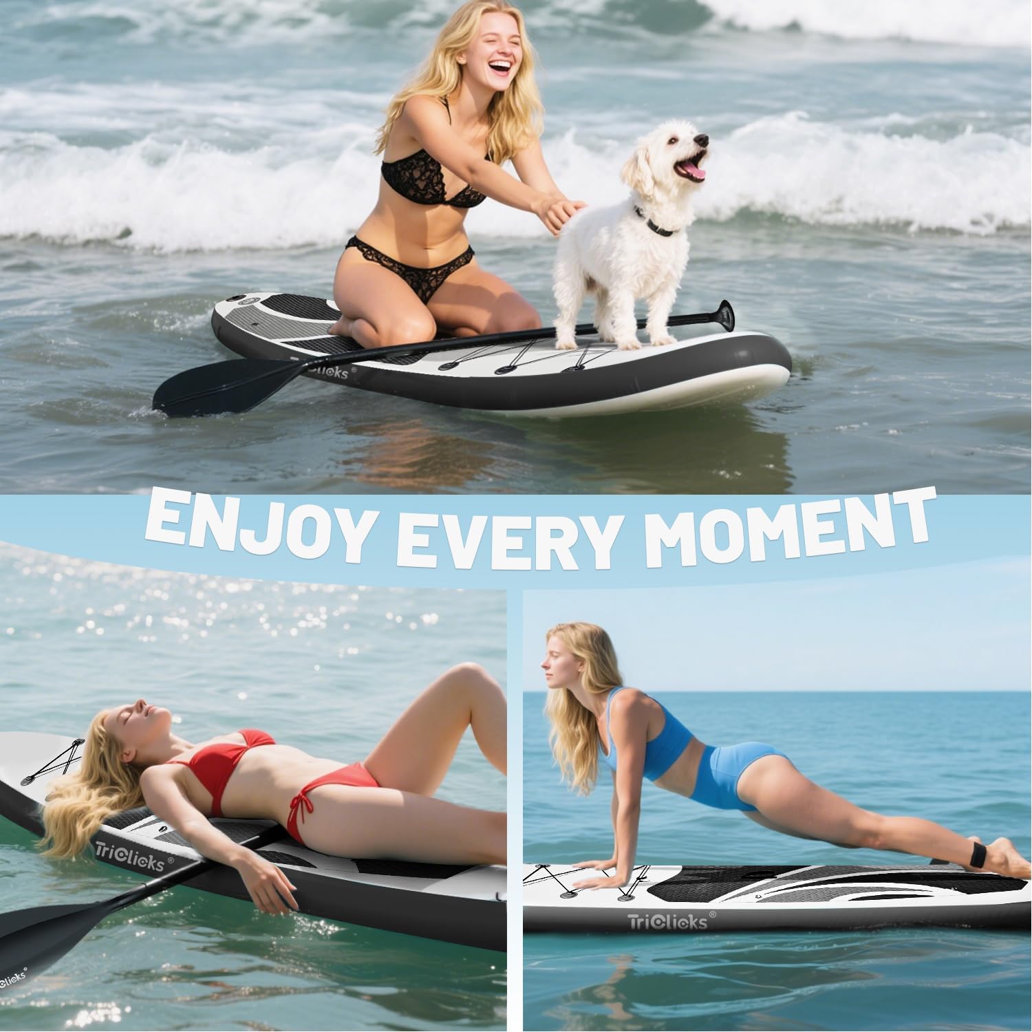 Triclicks Inflatable Stand Up Paddle Board 10ft Surfing Board Kit for Adults, Premium SUP Complete Kit with Adjustable Paddle Hand Pump Fin Leash Backpack