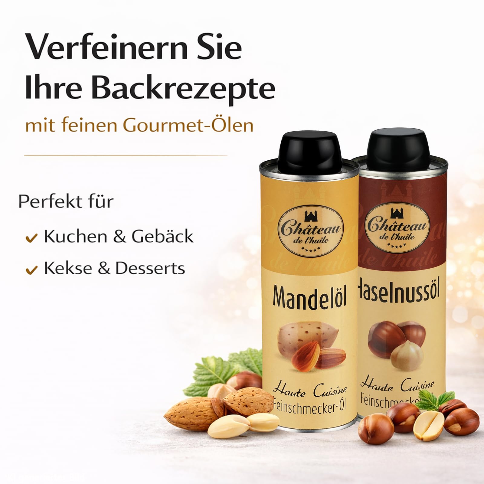 Château de l’huile Back-Set 3er – Premiumöl-Set, Gourmet Öl Geschenkset | Mandelöl, Aprikosenkernöl & Haselnussöl – Kaltgepresst & geröstet – Ideal zum Backen, Verfeinern & Genießen
