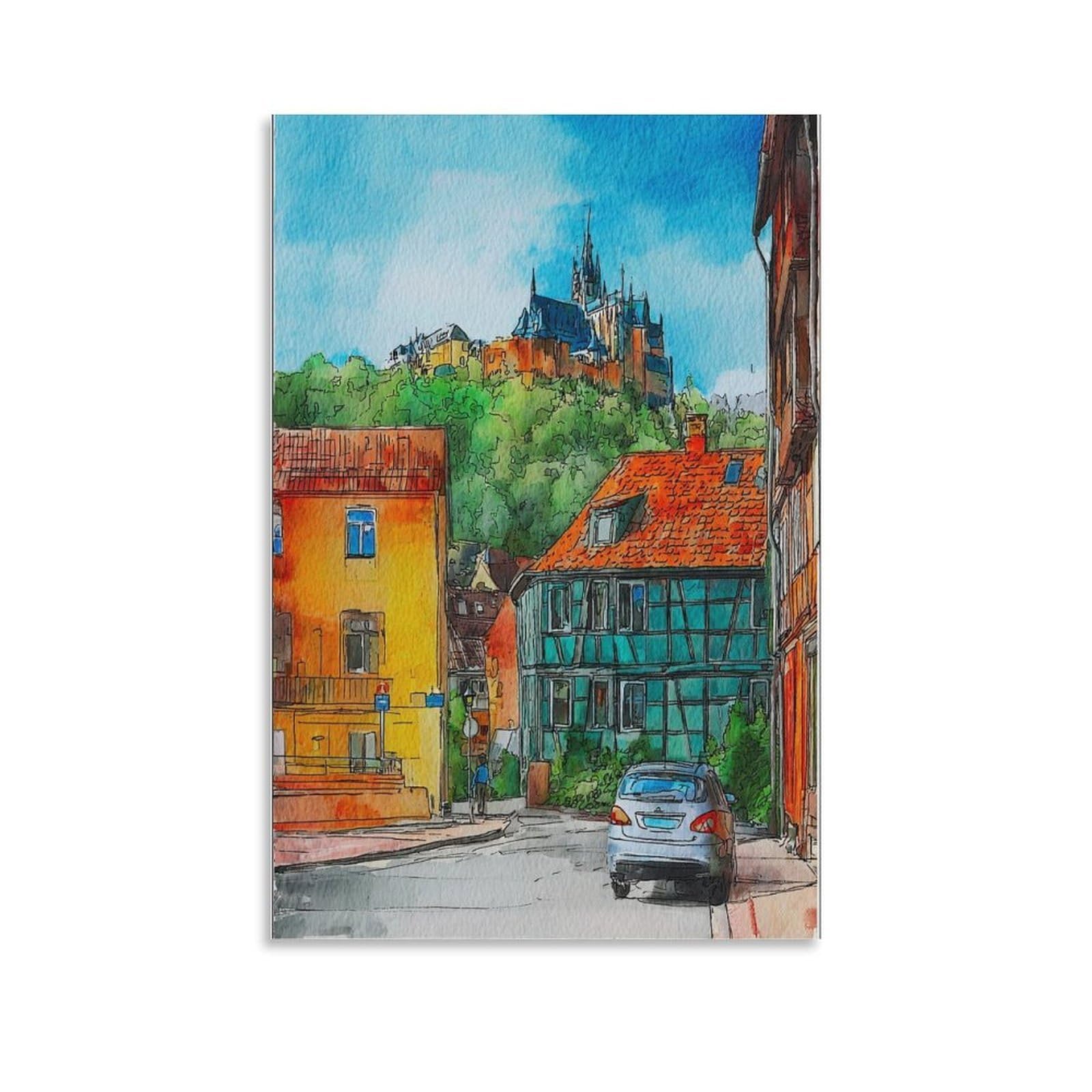 Cnaheiz Unframe-Style Wernigerode Germany 24X36inch(60X90cm) Vintage Travel Poster Watercolor Canvas Art