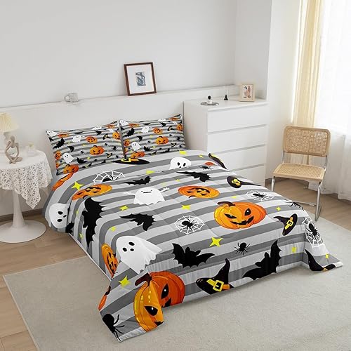 Miniatura 2 de Manfei Juego de edredón de Halloween, tamaño matrimonial, fantasmas, calabaza, farol, murciélagos, araña, juego de ropa de cama de 3 piezas para