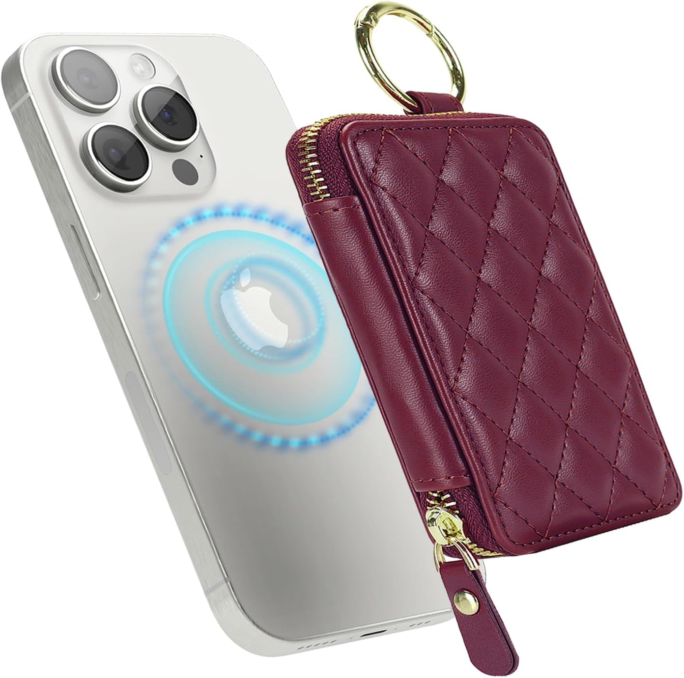 Compatible with MagSafe Wallet,Magnetic Phone Wallet Card Holder for iPhone 17/16 Pro Max/15 Pro/14 Plus/13/12 Series,PU Leather Zipper Pocket Adjustable Stand-Rose red