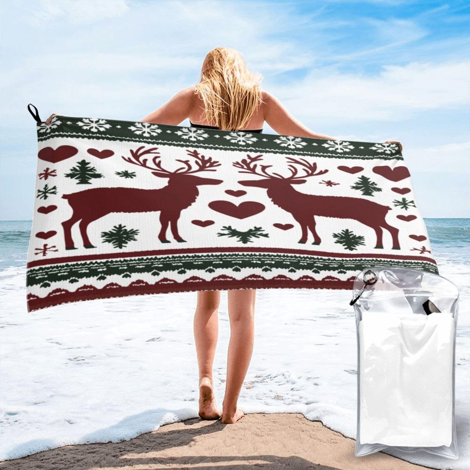 Anceky Christmas-Themed Reindeer Pattern Design Quick Dry Microfiber Travel Towel with Carry Case and Carabiner 27.5"X55"