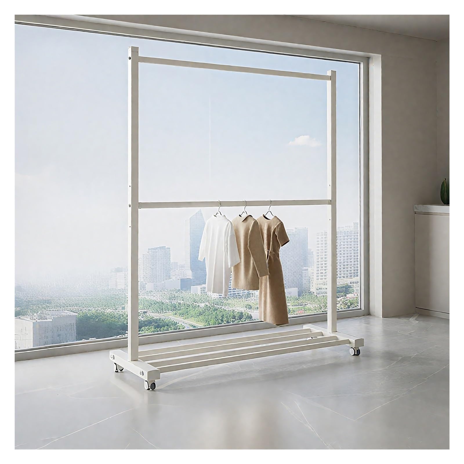 YNBSHGAA Adjustable Double Clothes Rack with Wheels Metal Garment Stand with Storage Shelf Portable Clothing Hanger for Home Use,White-120cm/47.2in