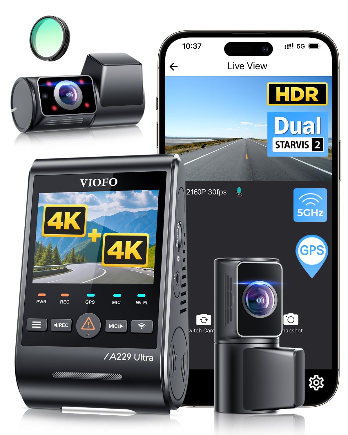VIOFO A229 Ultra 3 Channel Dash Cam Dual 4K 1080P 210 Fisheye Cabin Car Camera Triple STARVIS 2