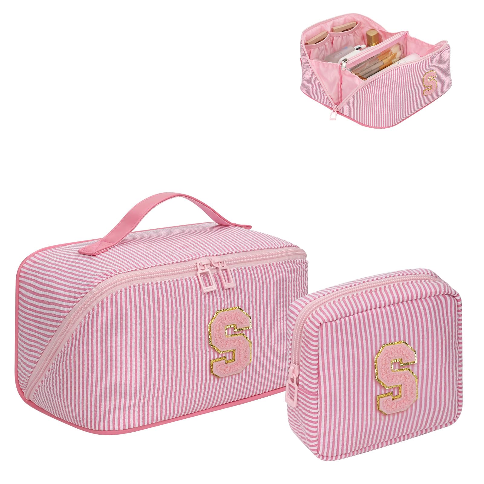 Easter Basket Gifts for Girls Women - Travel Makeup Bag for Women 2Pcs Portable Personalized Initial Makeup Organizer