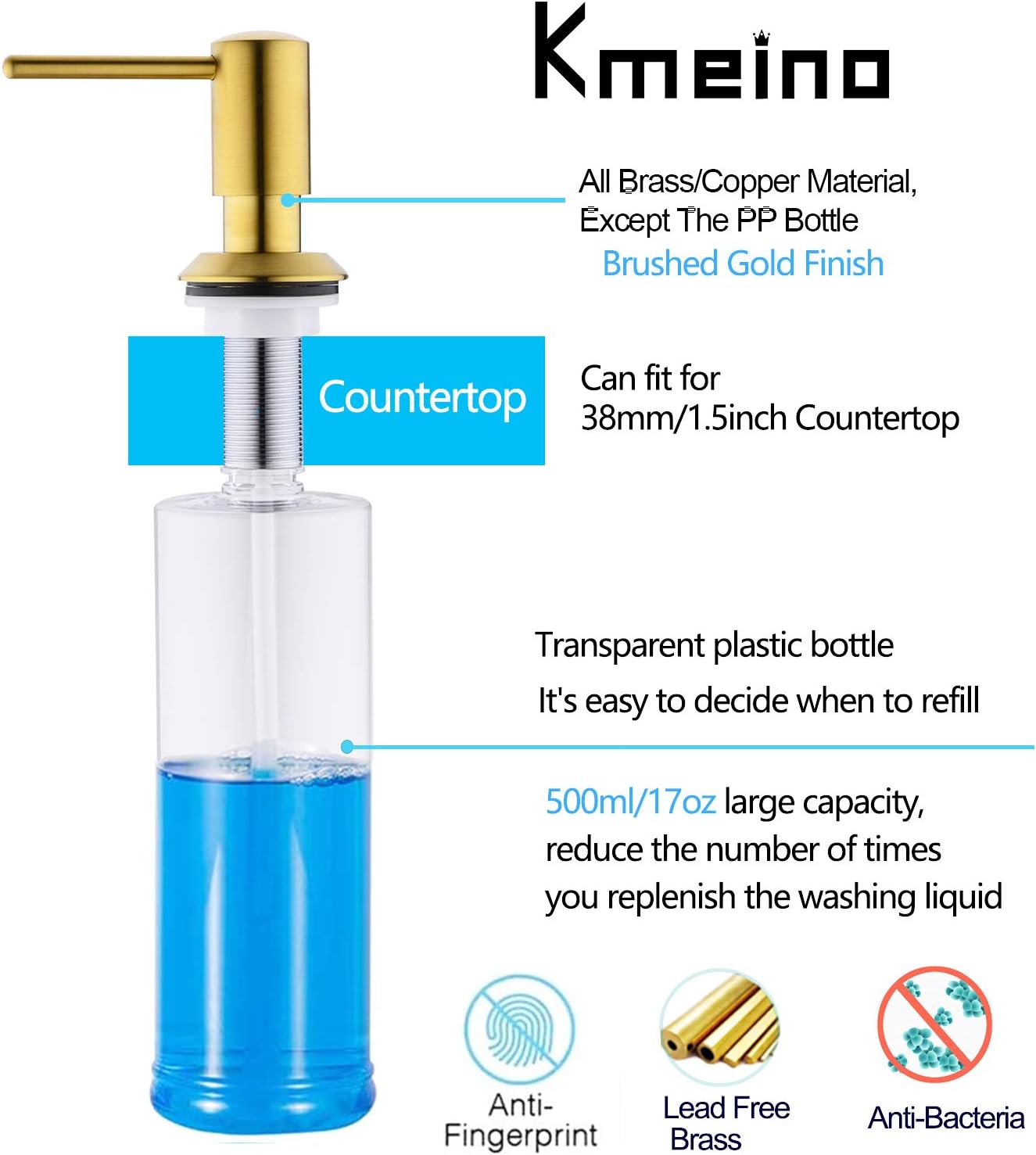 Gold Soap Dispenser for Kitchen Sink, Built in Soap Dispenser Brass, Brushed Gold Pump Head Liquid Lotion Kitchen Commercial with 500ml Bottle