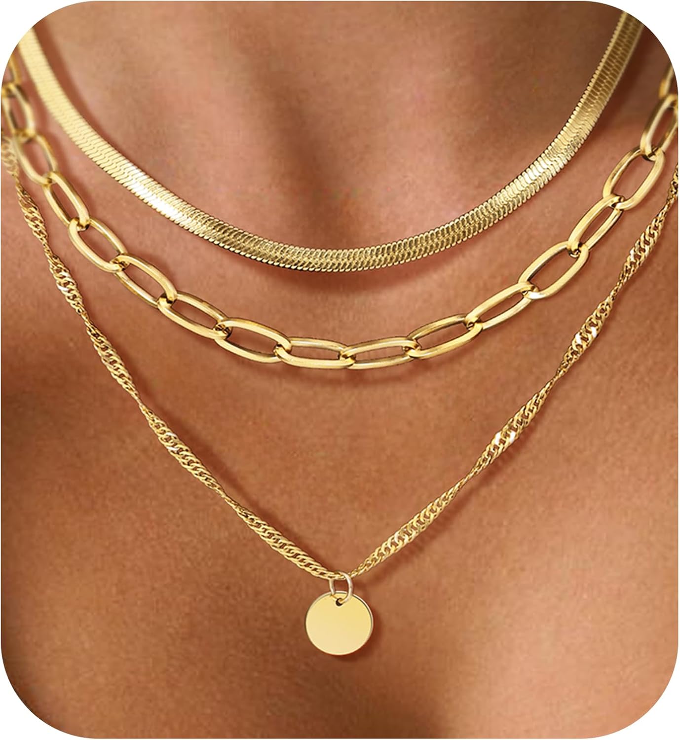 Layered Necklaces for Women,14k Gold Plated Dainty Necklace Stack Set Non Tarnish Adjustable Silver Stainless Steel CZ Heart Circle Pendant Paperclip Choker Herringbone Snake Chain Jewelry