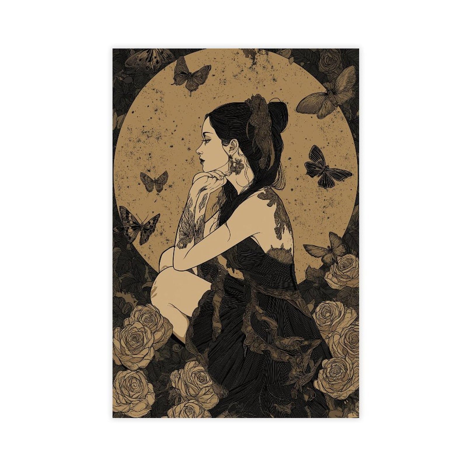 YWTJAX Gothic Moonlit Woman Moth Floral Poster Canvas Poster for Living Room Decor Gift