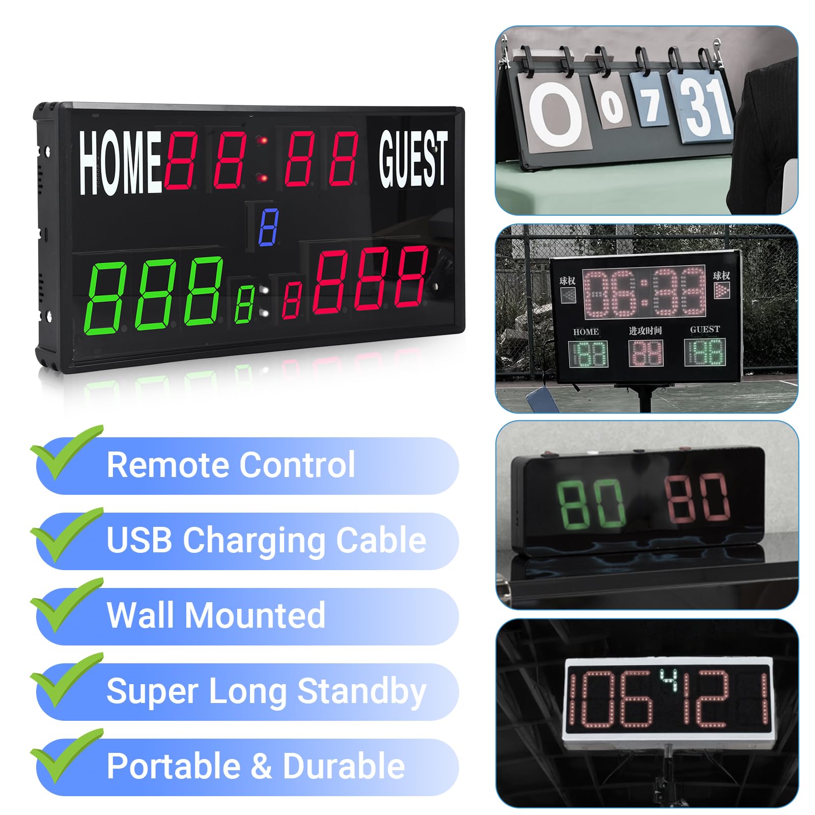 Marcador electrónico LED 2025 con control remoto, marcador de baloncesto con reloj de tiro y temporizador y tiempo real de 12/24 horas para fútbol, agujero de maíz, ping pong, tenis de mesa 4