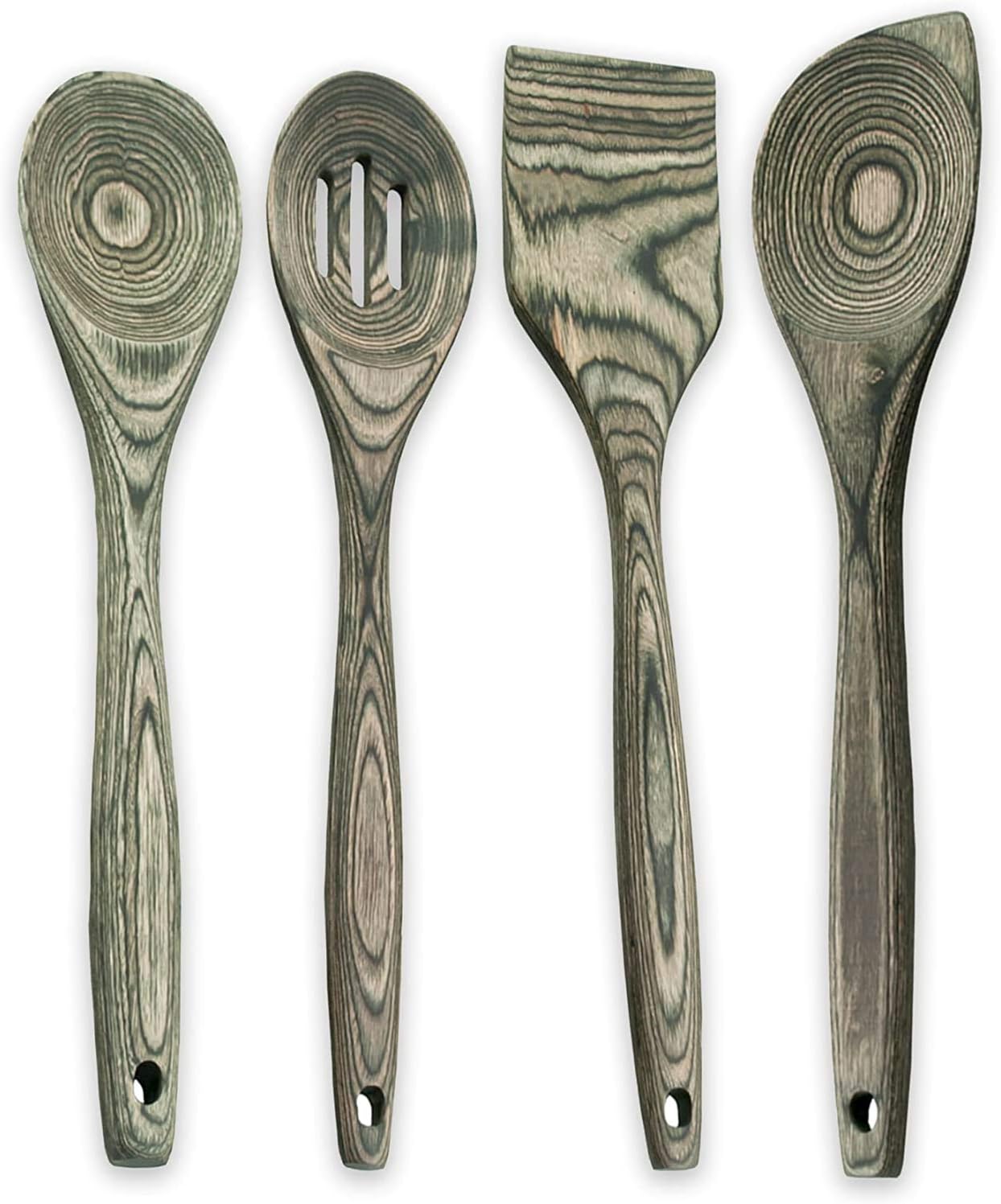 Black Pakkawood 12" Wooden Spoon Set of 4 with Standard Spoon, Slotted Spoon, Corner Spoon, and Straight-Edge Spatula