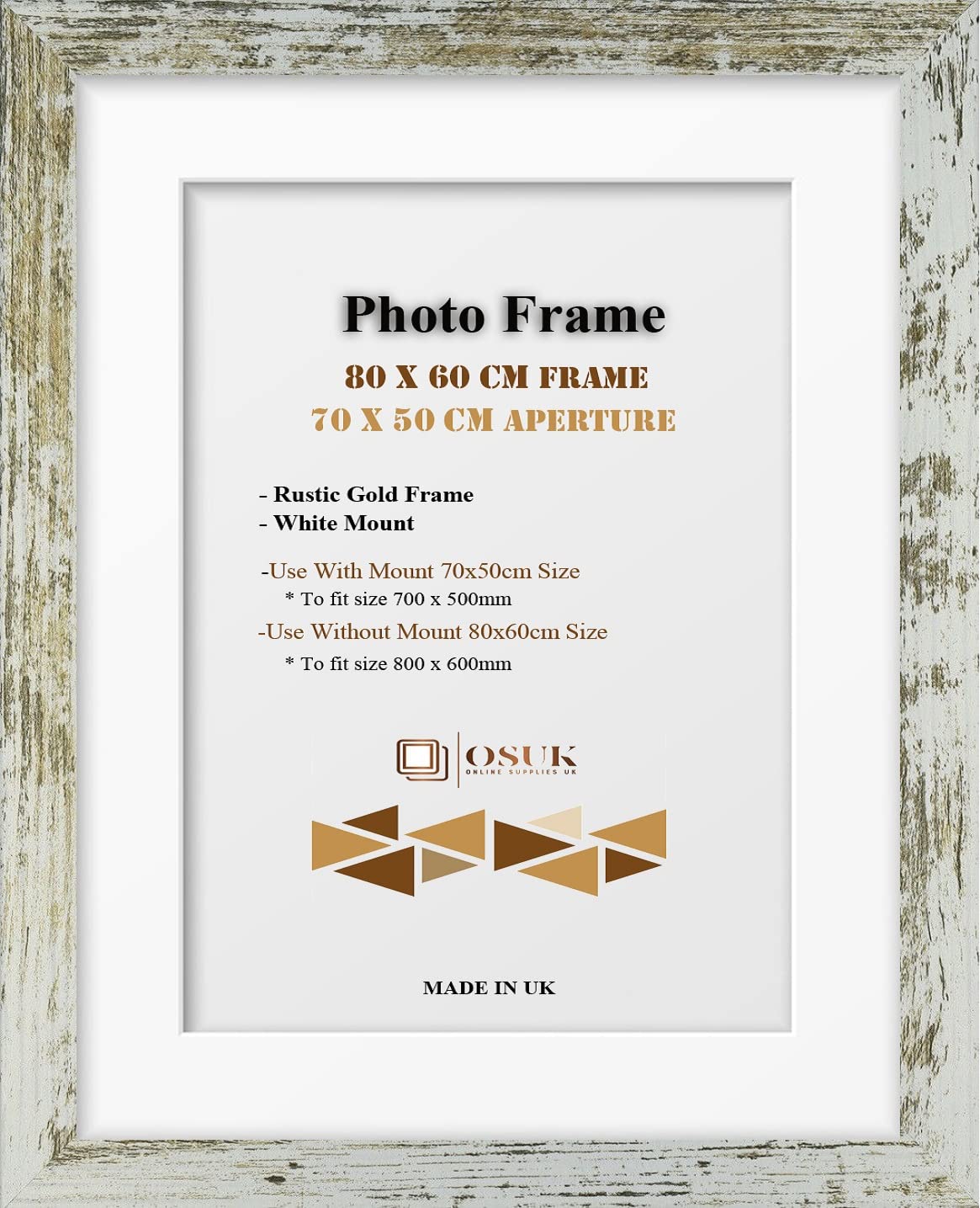OSUK Rustic Gold 80x60 cm Frame With 70x50 cm White Mount - Modern Photo Frames With Clear Perspex Front & Wall Mounting Poster Frame - 80 x 60cm Frames With 70 x 50cm Mounts