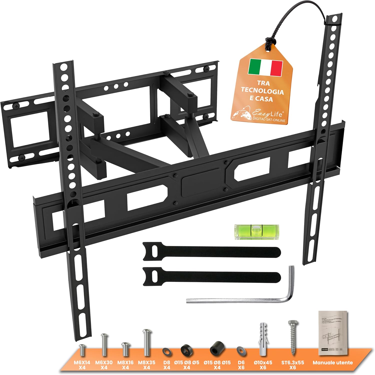 Supporto da parete Easylife FlexMount E80 Dual 37-80 pollici, doppio braccio, inclinabile e giradischi, VESA 600 x 400, Hasta 40 kg, TV Plano Articulado Pared con gestione dei cavi