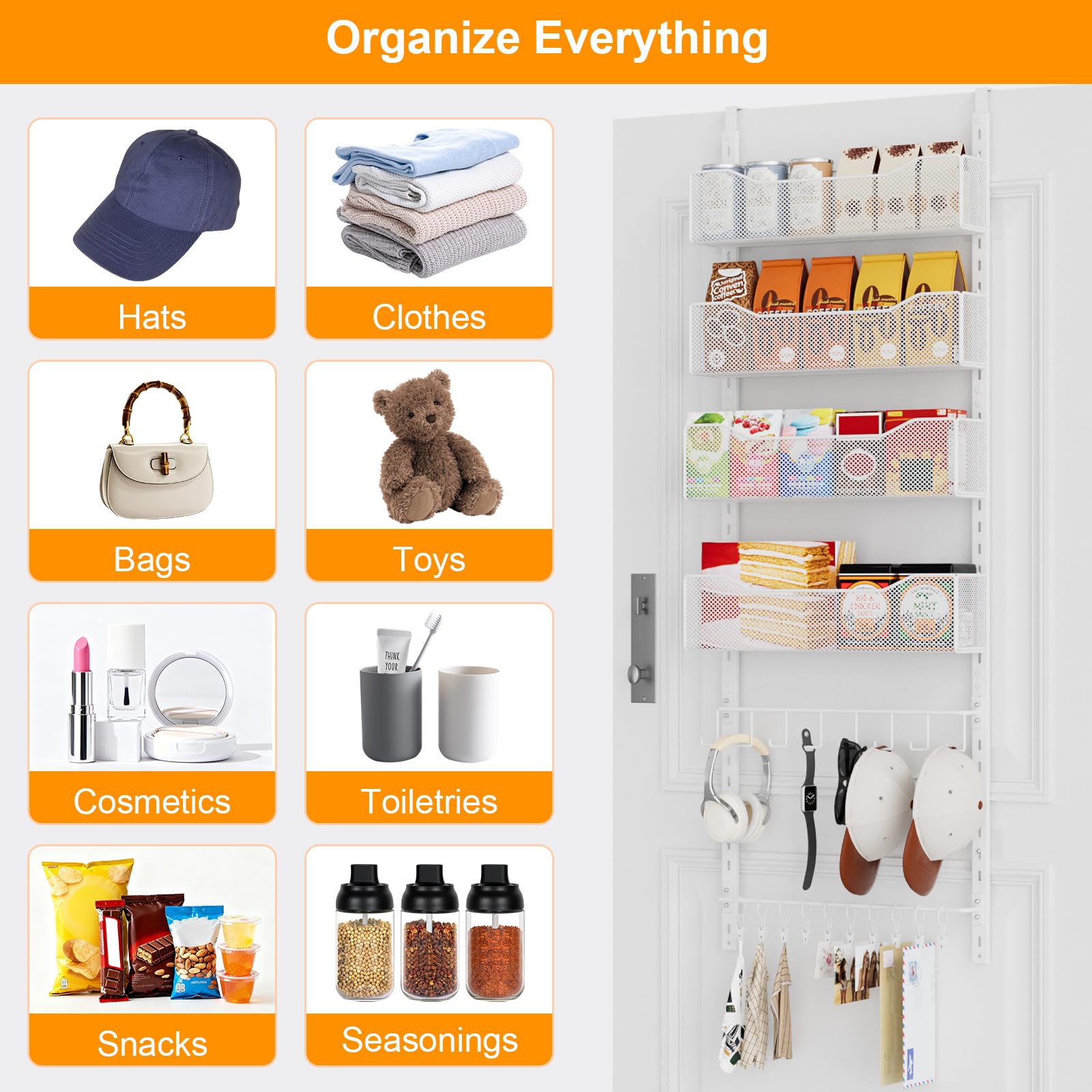 Über-der-Tür-Organizer, 2-in-1-Kleiderschrank-Organizer und Hutablage aus Metall mit 4 Verstellbaren Körben, 8 Haken, 10 Clips, Aufbewahrung hinter der Tür für Schlafzimmer, Badezimmer (weiß)