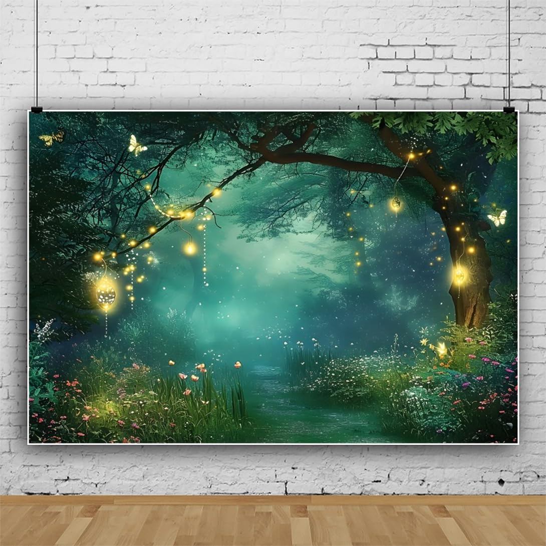 3x2,5m Fond de Forêt Jungle Safari Vue de Nuit Arbre Vert Papillon Fond Photographique Jardin de Charme au Printemps Forêt enchantée de fées Toile de Fond Fournisseurs de décoration