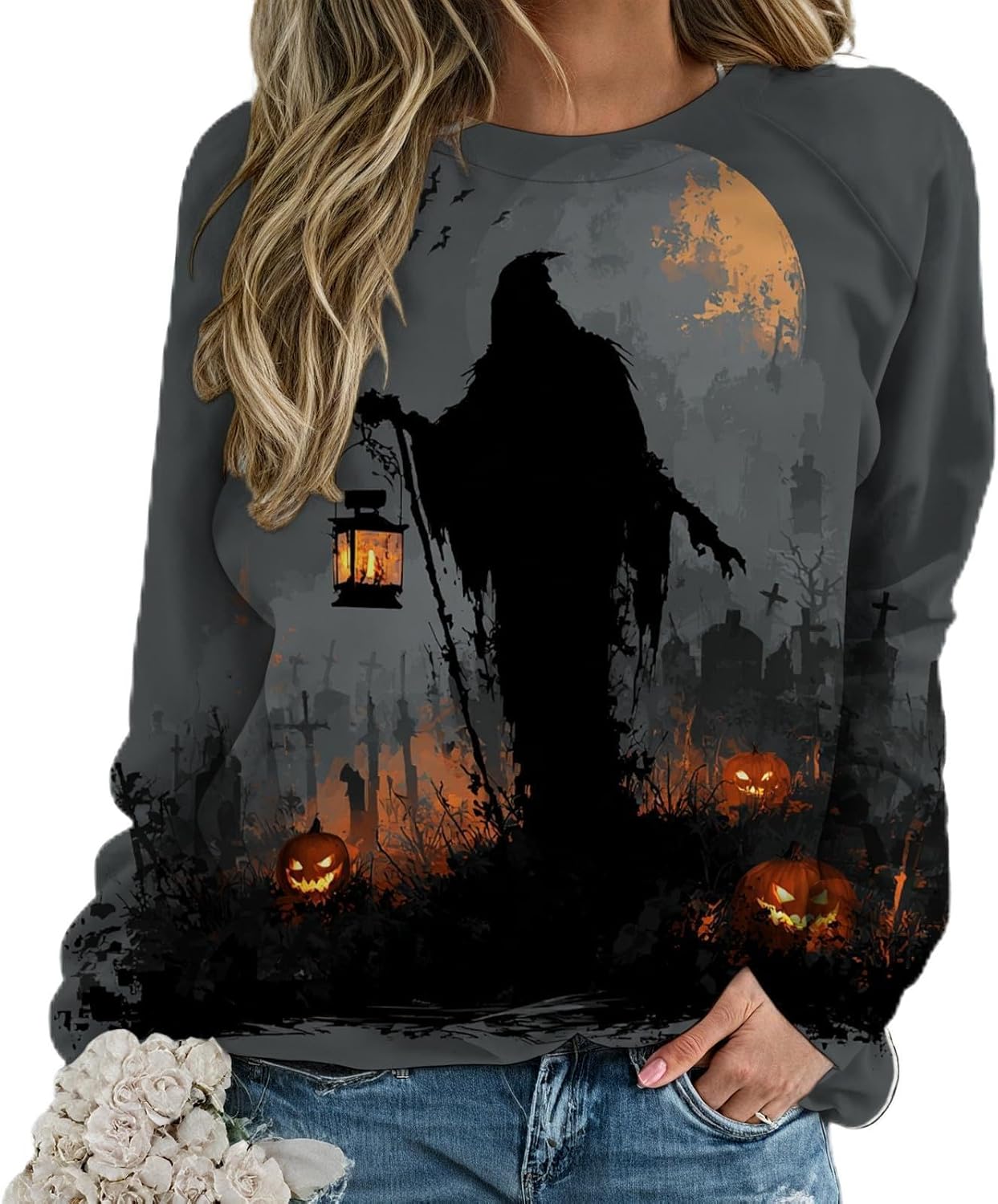 Novelty Halloween Shirts for Women Trendy Graphic Print Long Sleeve Crewneck Fall Tops Loose Casual Pullover