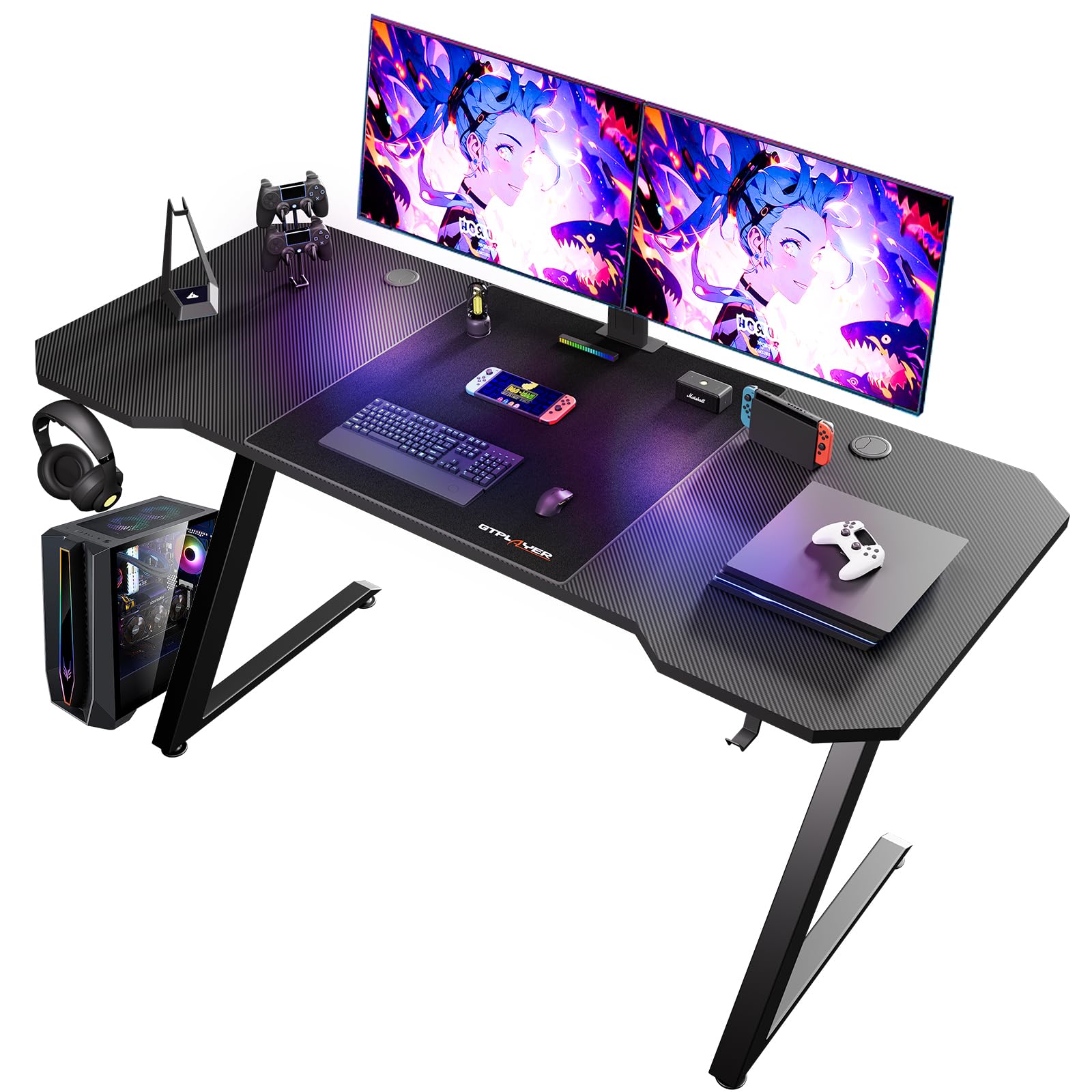 GTPLAYER Bureau Gaming 120 x 60 cm, Bureau Gamer avec Tapis de Souris, Table Gaming PC en Fibre de Carbone avec Crochet pour Casque