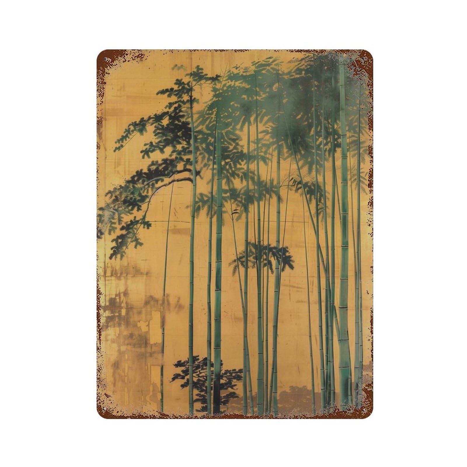 xiaoxiaoshen Japanese Bamboo Golden Yellow Botanical Zen Minimalist Asian Nature Traditional Wall Decor Art Metal Tin Poster Modern Home Decor Art Home Bar Shop Decorations Vintage Sign 40x30cm