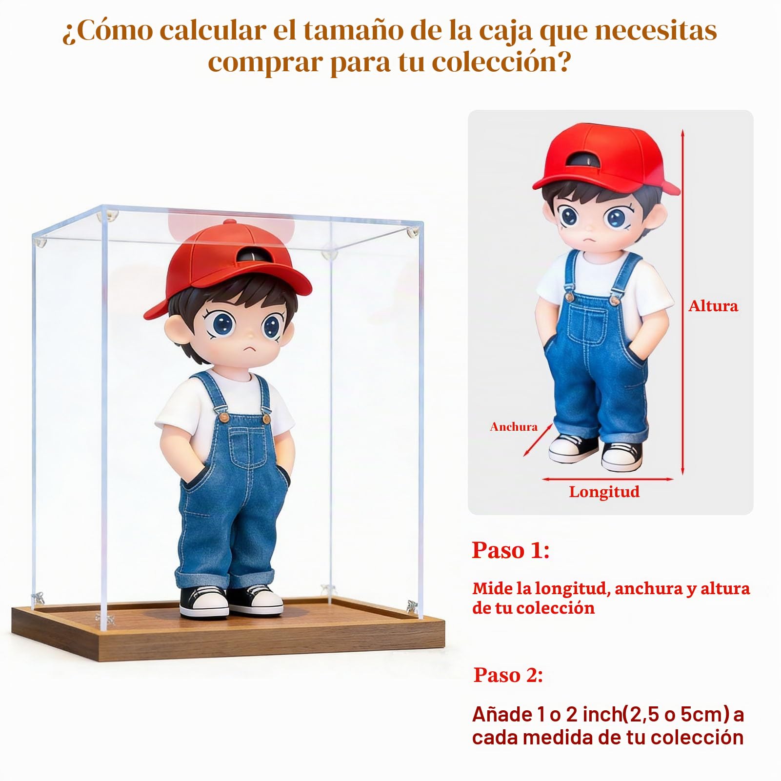 Vitrina Expositora Organizador de Acrílico Largo (20, 30, 40, 50, 60, 70 y 85 cm) Vitrina Transparente para Objetos de Colección, Base de Madera Cepillada(55x30x30cm/22x12x12in)