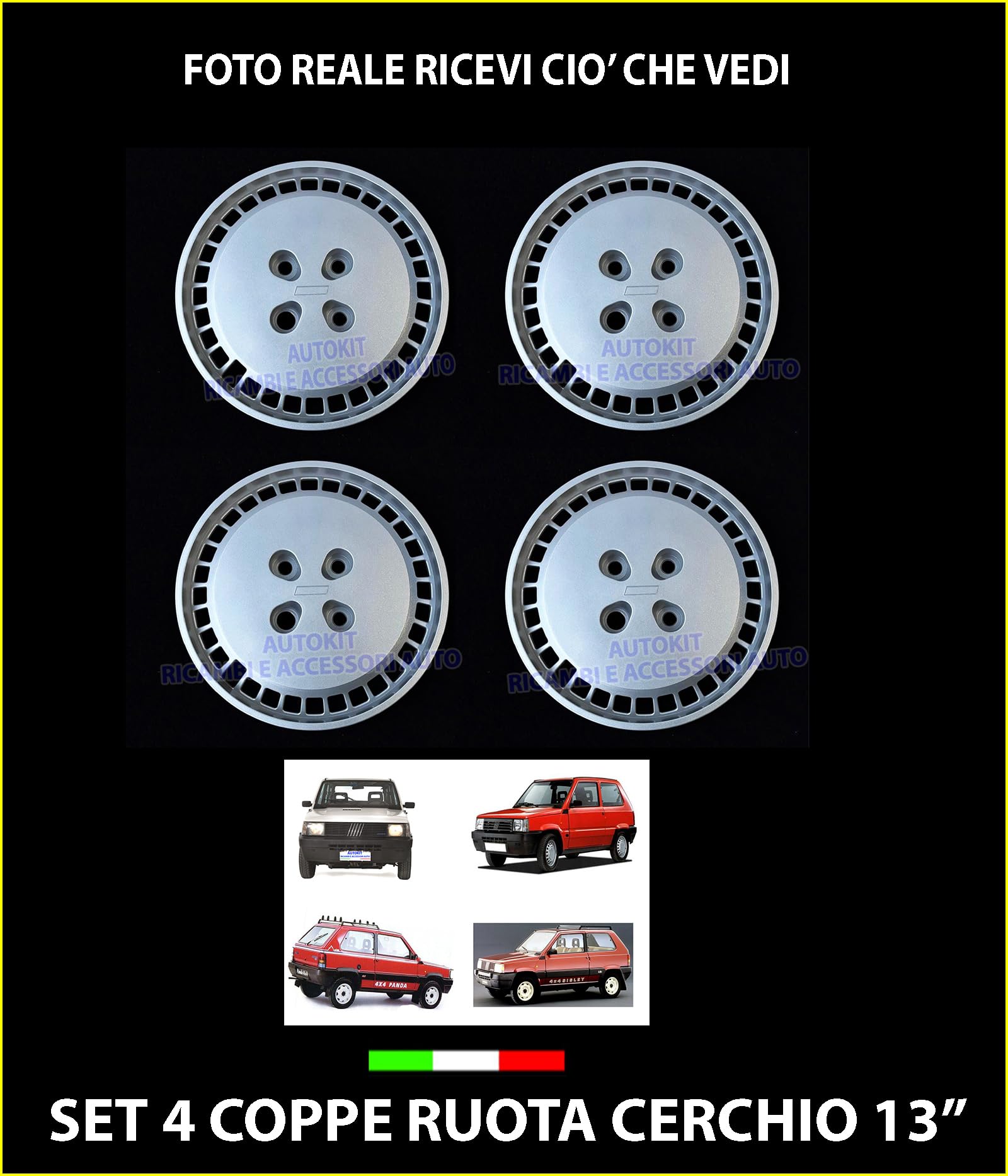 SET 4 PZ. COPRICERCHI COPPA RUOTA COPRIRUOTA BORCHIE CERCHIO 13" Specifiche per PANDA 141 750 prodotte dal 1986 al 2003-303/13