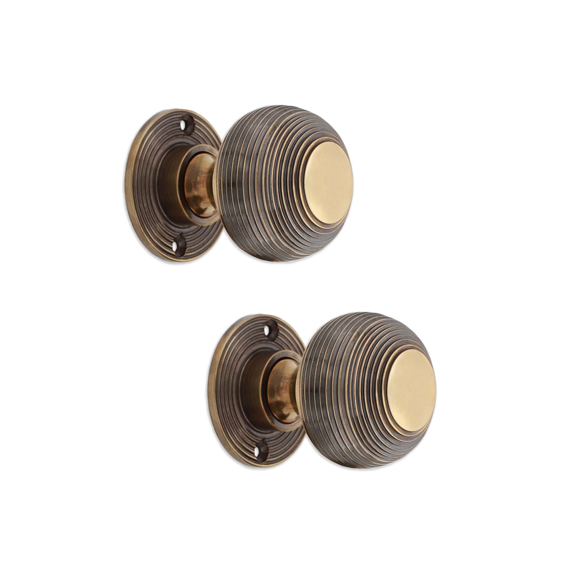 LYRA Ribbed Beehive Solid Brass Vintage Rim Mortice Door Knobs Round Aged Brass 50mm Pull Handles Pair – Ideal for Everyday Interior and Exterior Use