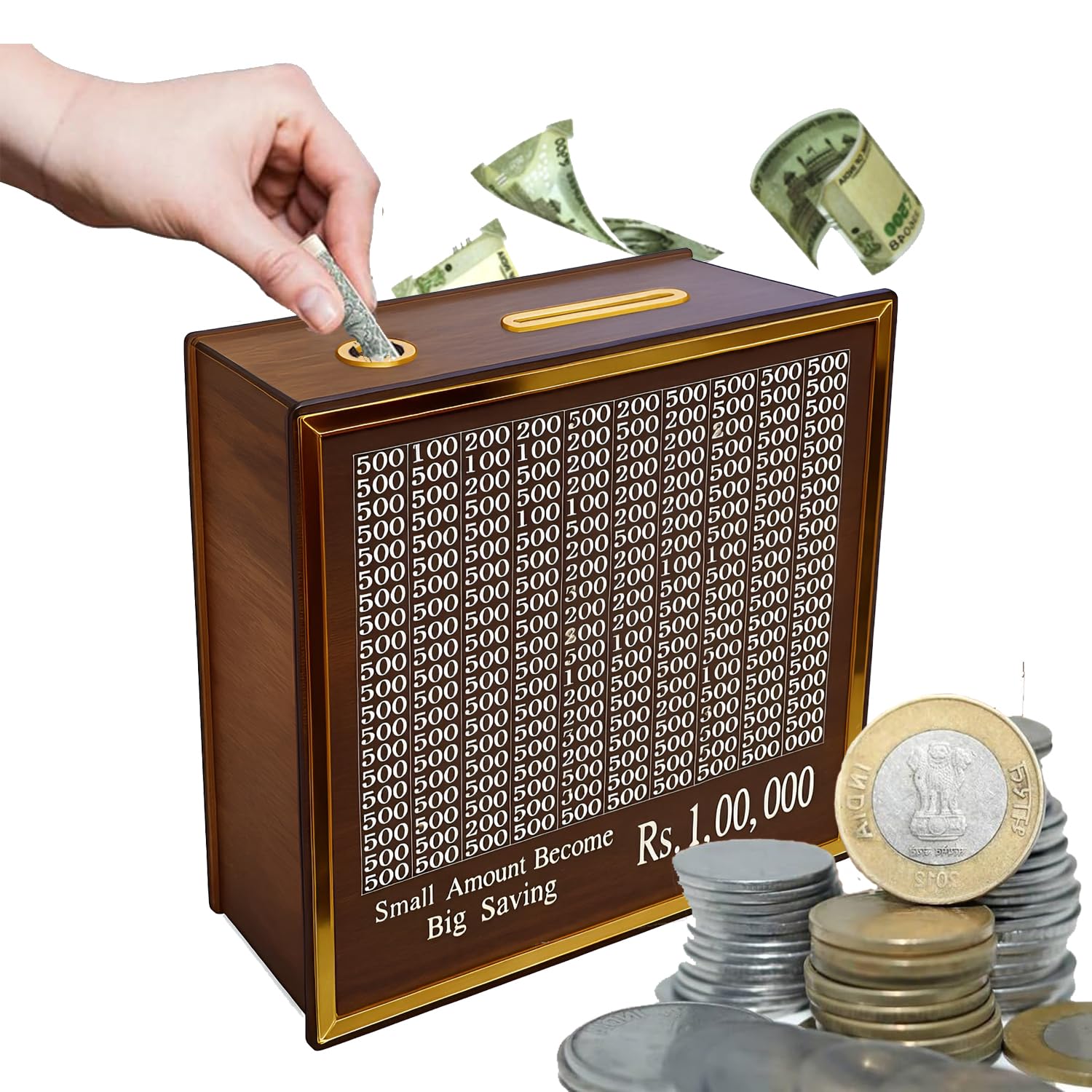 DALUCI Money Saving Box for Adults & Kids | 1 Lakh Savings Challenge Wooden Piggy Bank with Denomination Grid | Cash Saving Box, Budget Organizer & Unique Gift Item (Golden Line) - Image 3 thumbnail