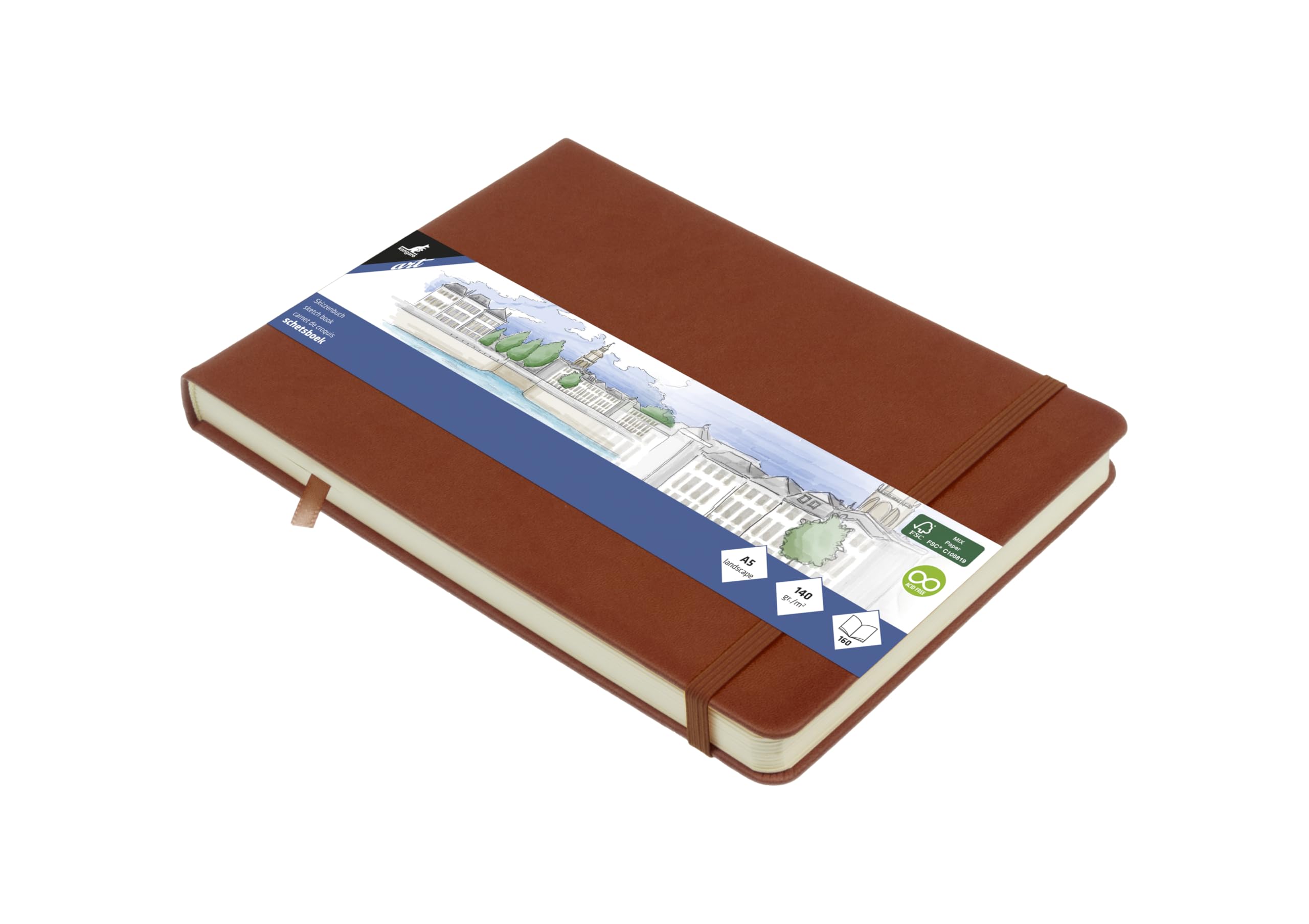 Sketchbook Kangaro A5 Landscape Cognac PU Hard Cover 80 Sheets 140 g Cream Paper with Elastic Band and Ribbon