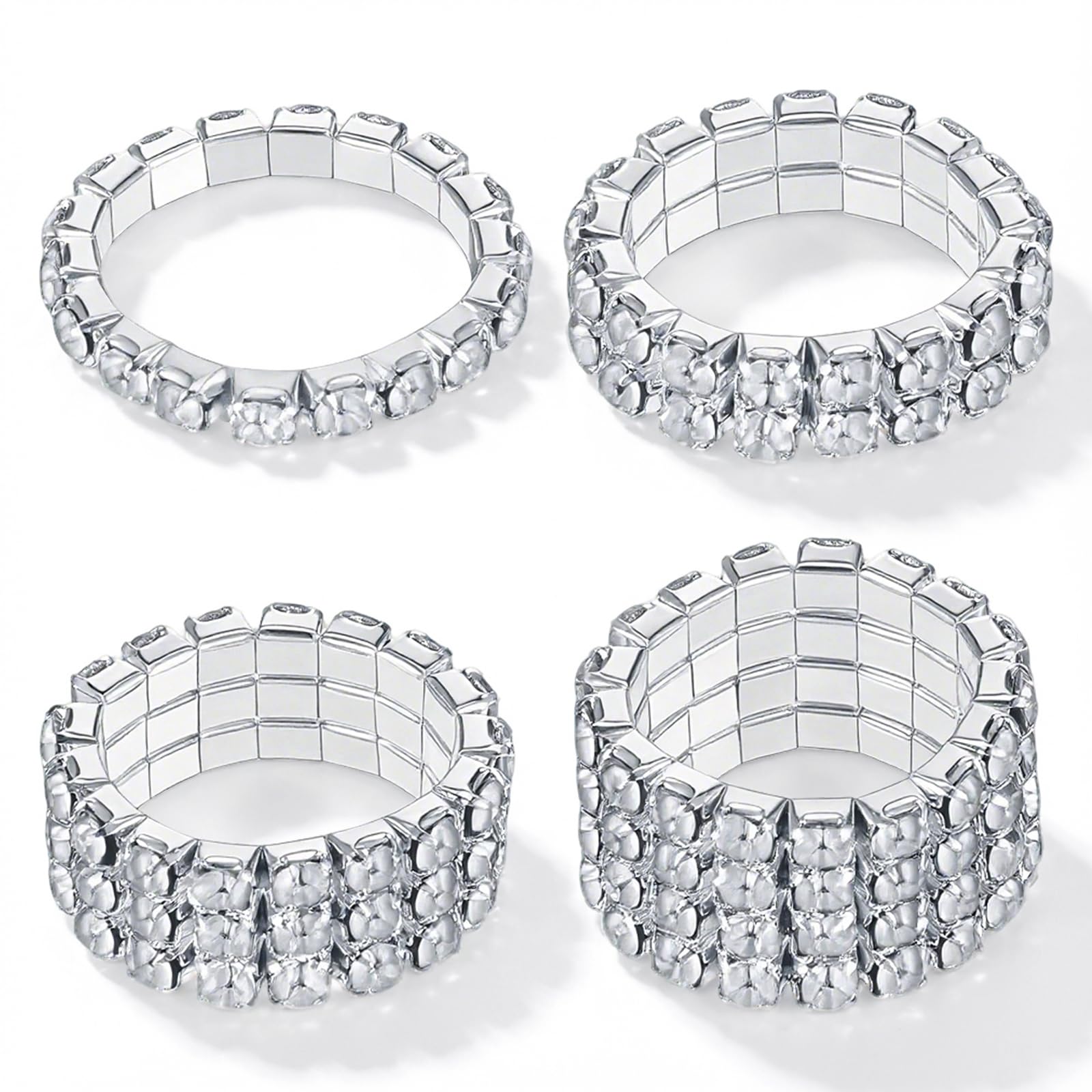 4 Pcs Rhinestone Stretch Rings for Women, Silver Rhinestone Elastic Rings, Stackable Costume Jewelry Stretchy Ring for Women Crystal Adjustable Ring