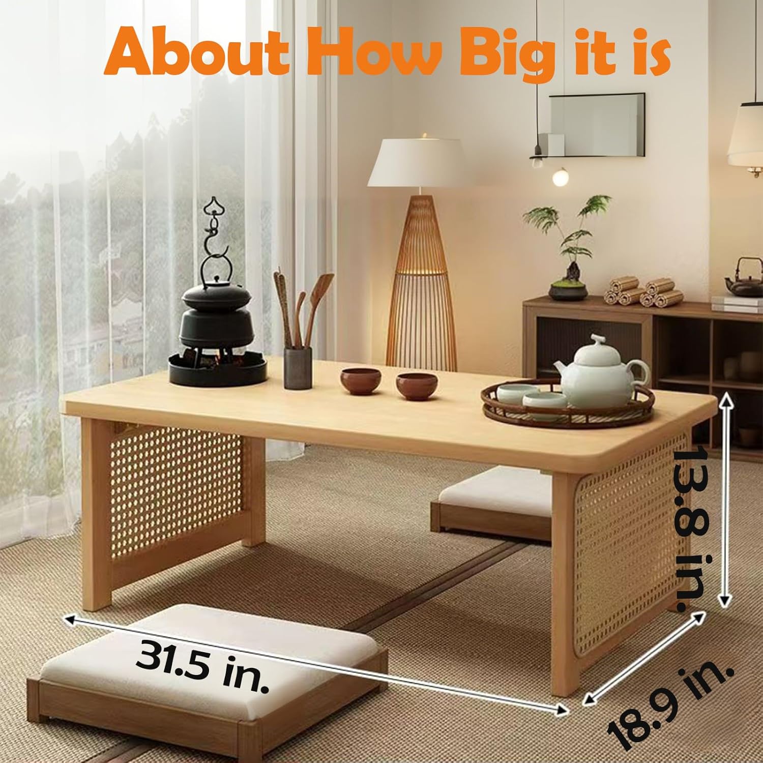 Japanese Floor Table Bamboo Folding Coffee Table Portable Solid Wood Japanese Coffee Table, No Assembly Japanese Dining Table for Sitting on The Floor, Easy Storage(31.5 * 18.9 * 13.8in.)