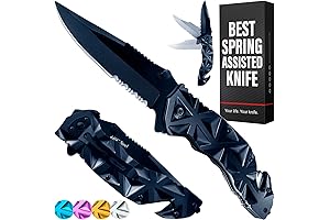GOOD WORKER Black Pocket Knife - Serrated 3.5" Springer Assisted Tactical Blade