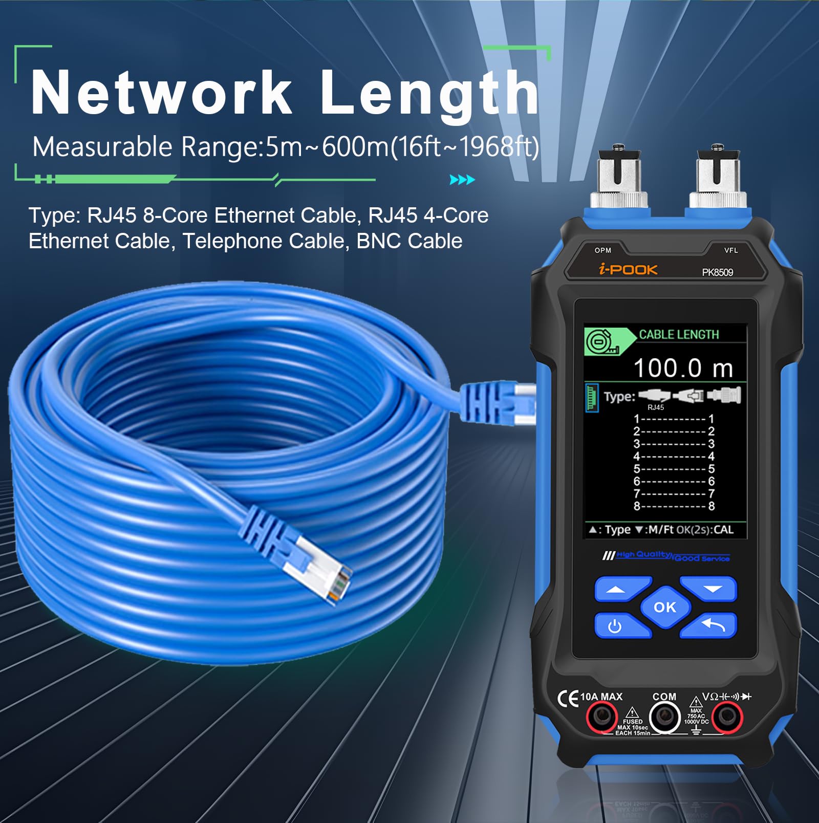 i-POOK PK8506 Multifunktionaler Kabeltester Unterstützt Ethernet IP Scan Ping PoE-Test Drahtdurchgangstest Längenmesswerkzeug Netzwerk Digital Cat5 Cat6 PoE-Tester Multimeter Kabelverfolger