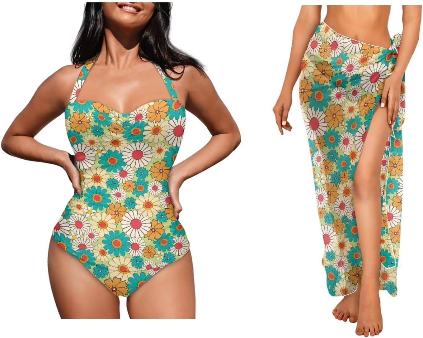 Women's One Piece Swimsuit with Beach Cover up Wrap Skirt Sarong Retro Print Bikini Set Two Piece Bathing Suit 2X