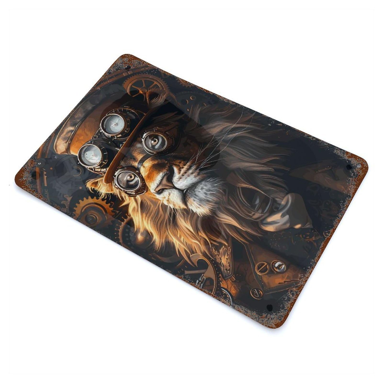 Garage Style Steampunk Lion Animal Vintage Rust Metal Sign 11.8"x7.9", Retro Wall Decor for Bar And Workshop
