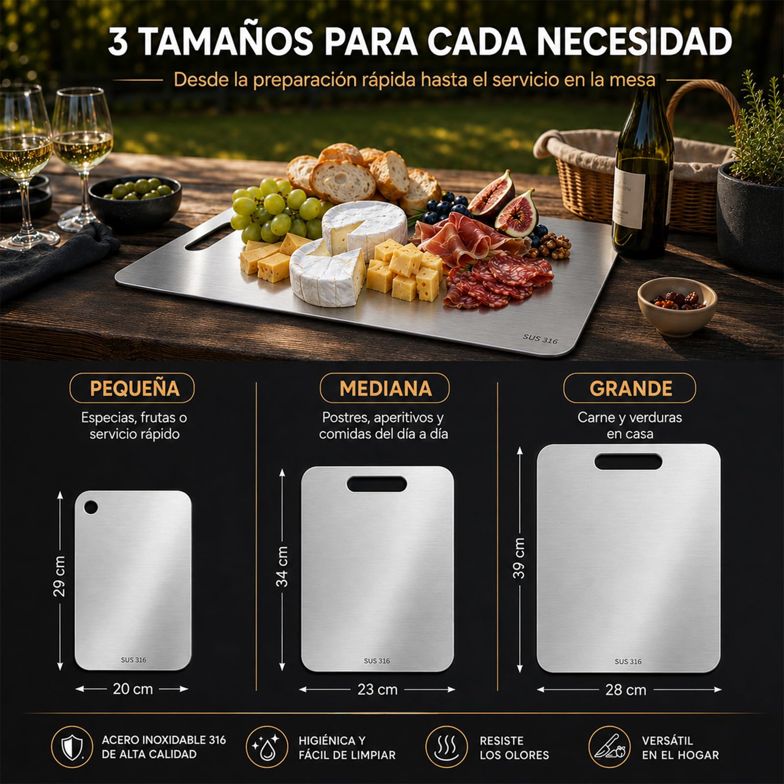 Cutium Tabla de Cortar, de Titanio, Inodora y Fácil de Limpiar (39 * 28CM) | No se hincha, no se astilla y evita la abrasión típica del plástico al cortar diferentes alimentos.