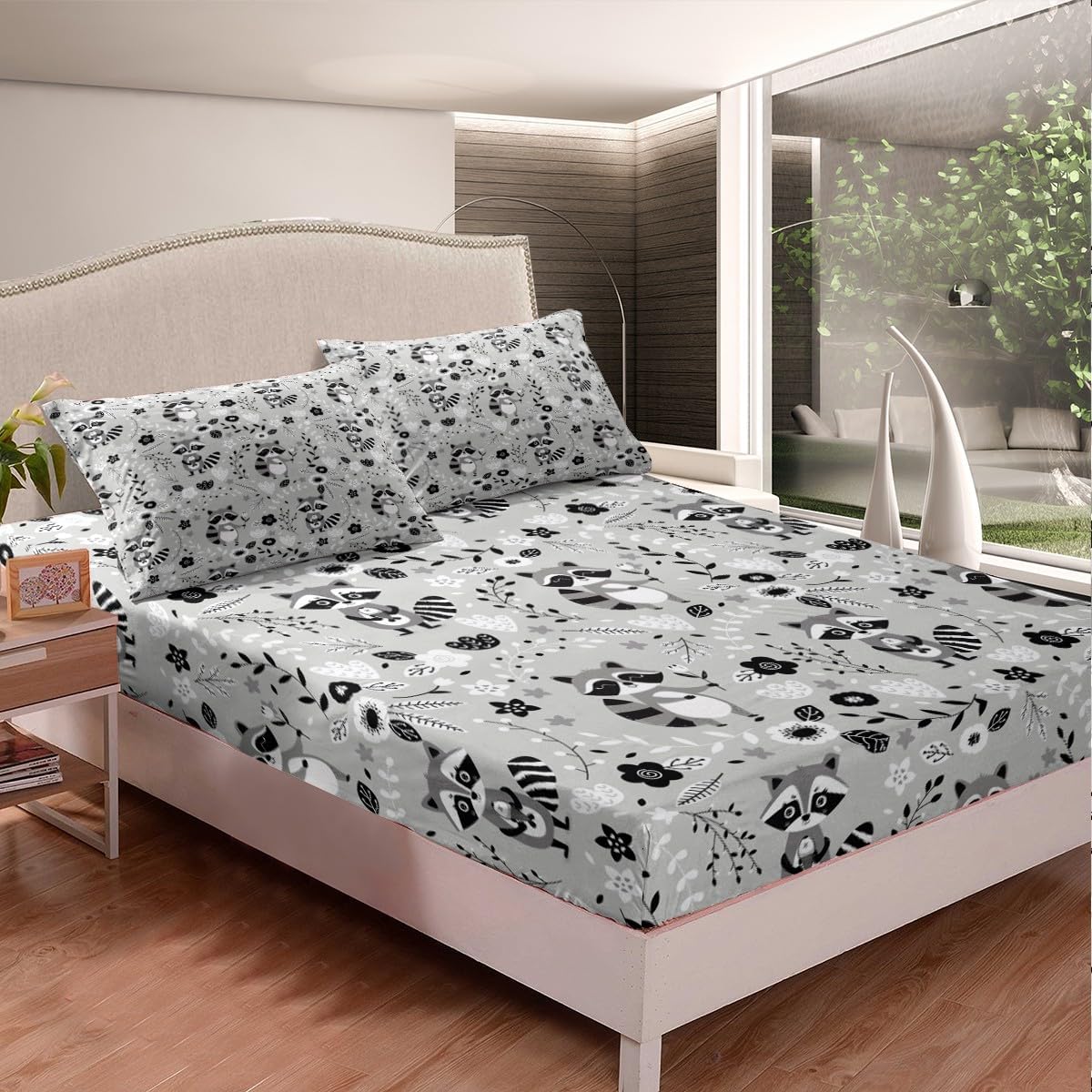 Erosebridal Full Size Raccoon Sheet Set Cartoon Animal Bed Sheets Set Botanical Flowers Woodland Theme Sheets for Kids Boys Girls Bedroom - Grey Black White Fitted Sheet + Top Sheet + 2 Pillowcases