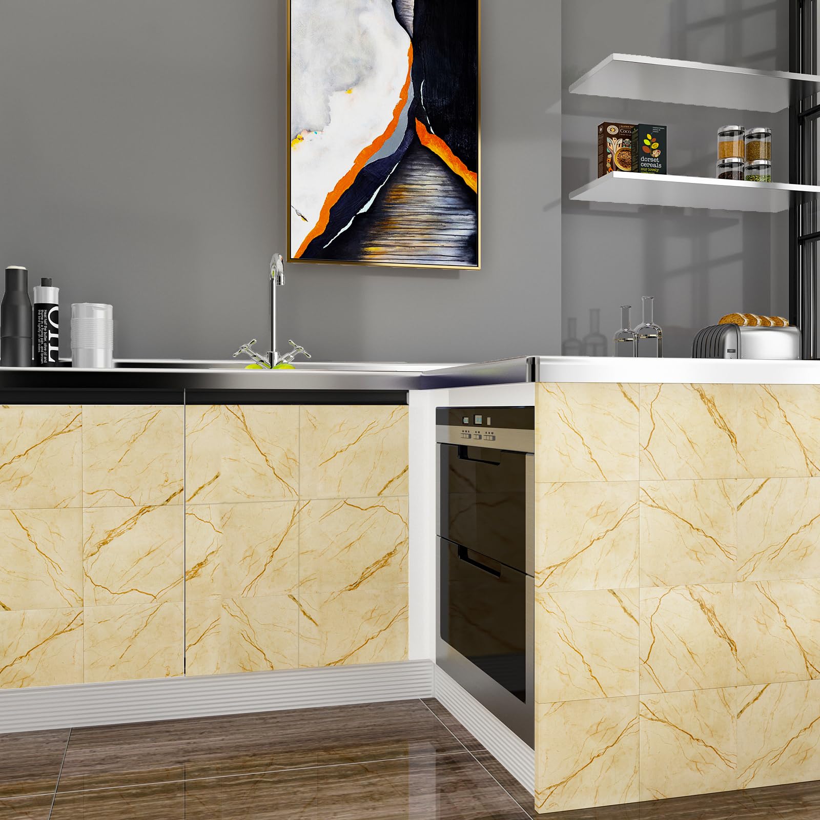 VEELIKE Suelo De Vinilo Para Pegatinas De Baldosas Adhesivo Para Azulejos Amarillo Mármol Adhesivas Suelo Adhesivo Azulejos De Azulejos Para Baño Y Cocina, 30 cm x 30 cm, 24 Piezas