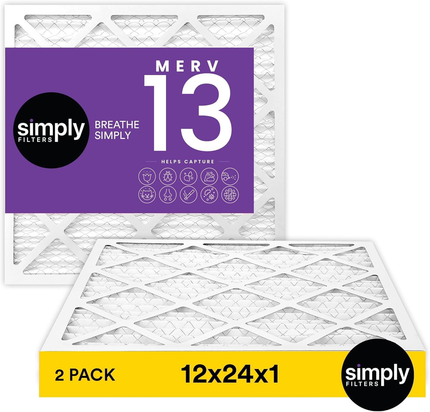 Simply 12x24x1 Air Filter, MERV 13, MPR 1500, 2 Pack, For Home AC Furnace & HVAC (Actual Size: 11.75"x23.75"x0.75") DUST, Pet, & Allergy Control
