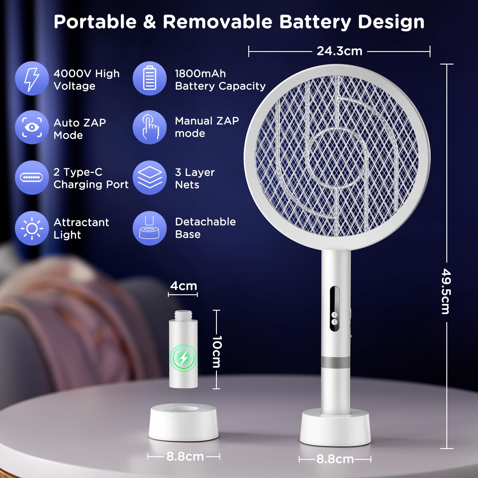 2in1 Racchetta Zanzare Elettrica,4000V Racchetta Mosche Elettrica,1800mAh Racchetta Antizanzare,Base di Ricarica USB,Protezione Maglia a 3 Strati,Racchetta Elettrica per Casa Interni e Esterni