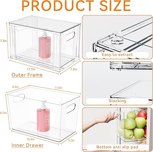 Miniatura 3 de Yieach Paquete de 4 cajones grandes apilables de almacenamiento, organizador de 11 pulgadas de profundidad debajo del gabinete, organizador de