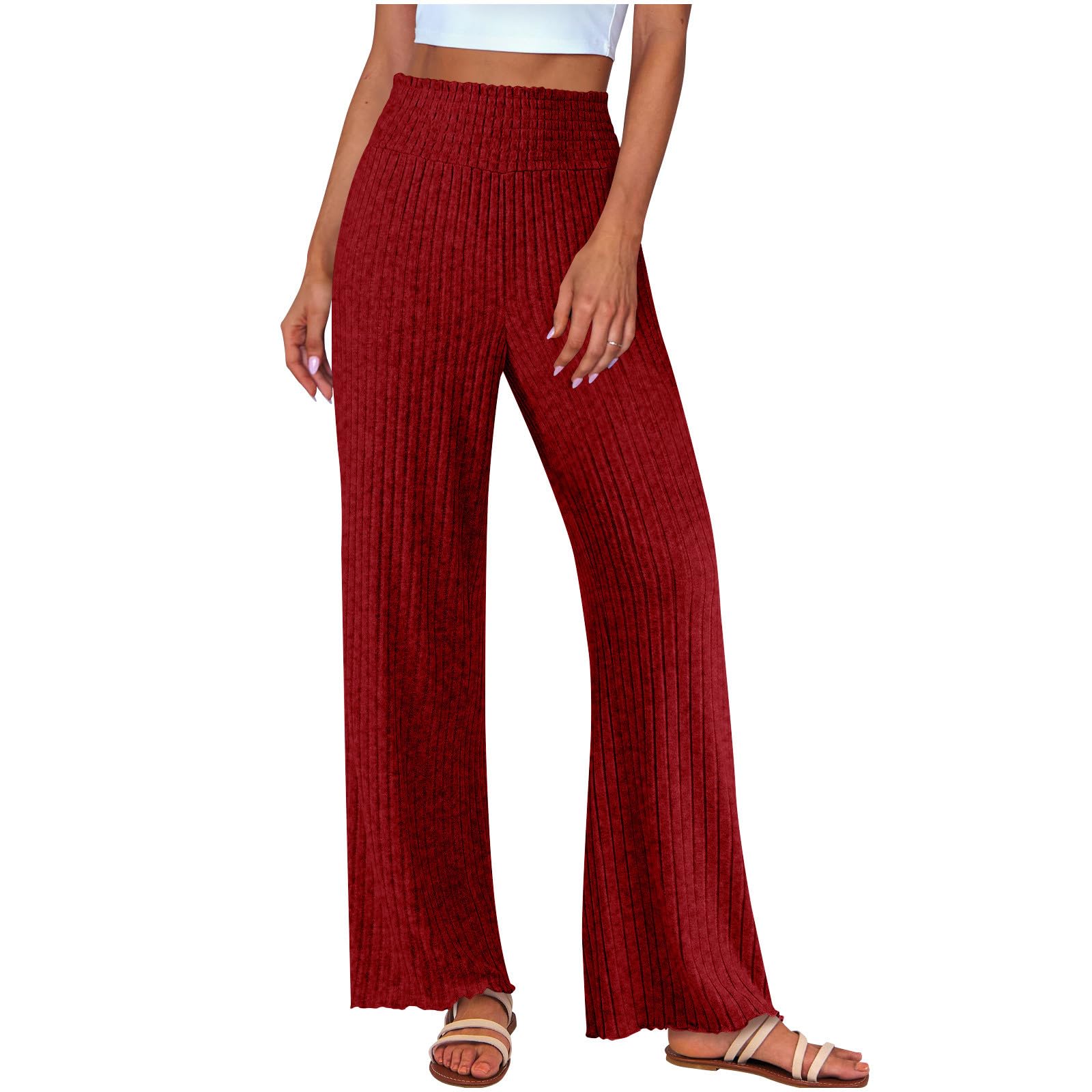 Womens Ribbed Knit Wide Leg Sweater Pants Casual Elastic High Waist Lounge Pajama Pants Fall Comfy Bottoms Palazzo