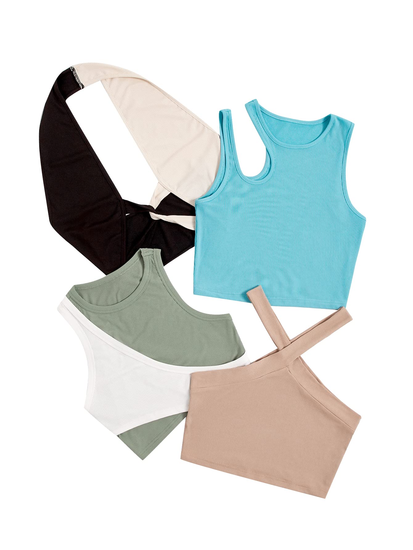 Photo 1 of GORGLITTER Women's 4 Piece Tank Top Set Ribbed Knit Drawstring Cut Out Sleeveless Crop Tops Set Small Blue Multicolor